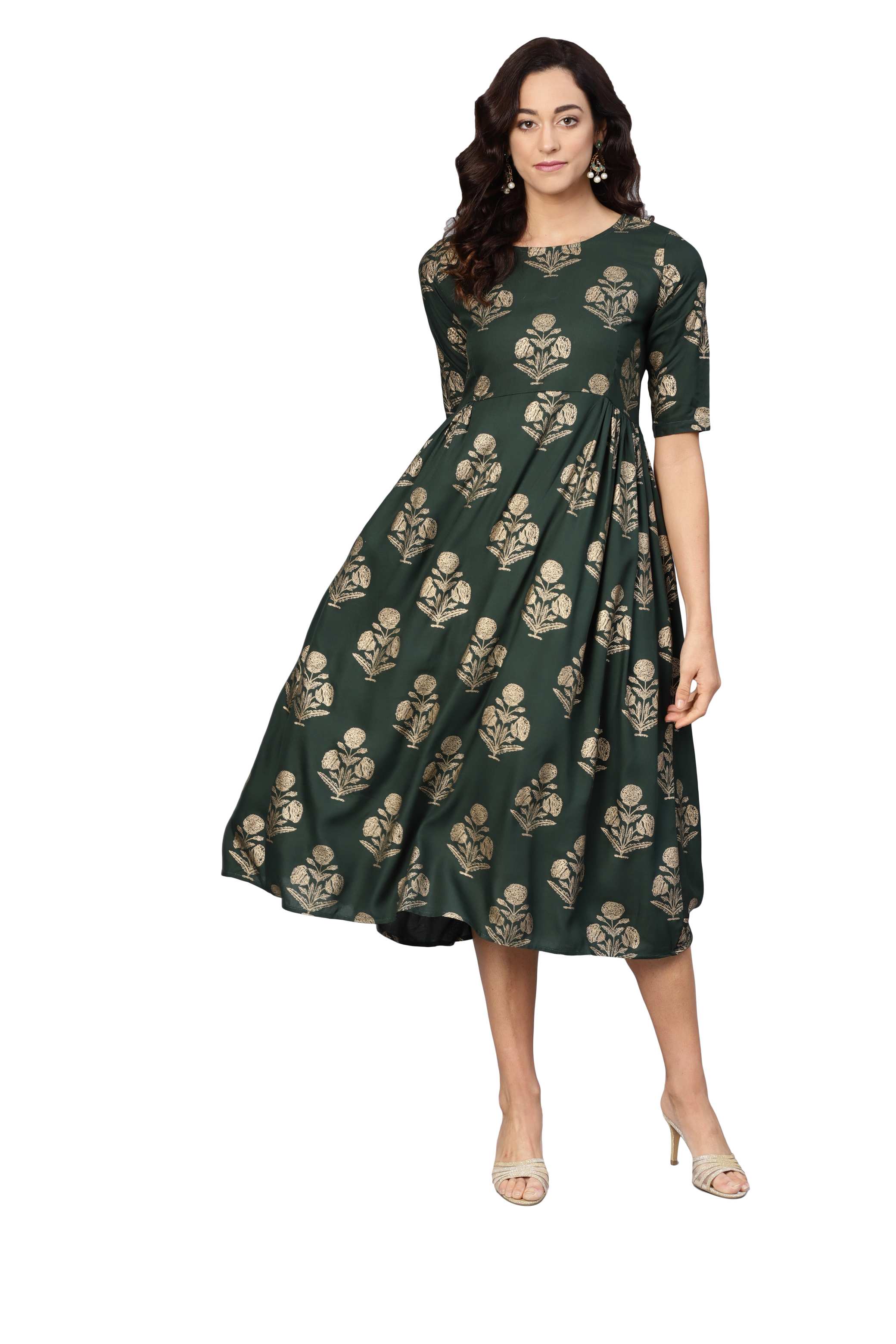 Women's Green Rayon Printed 3/4 Sleeve Round Neck Dress - Myshka