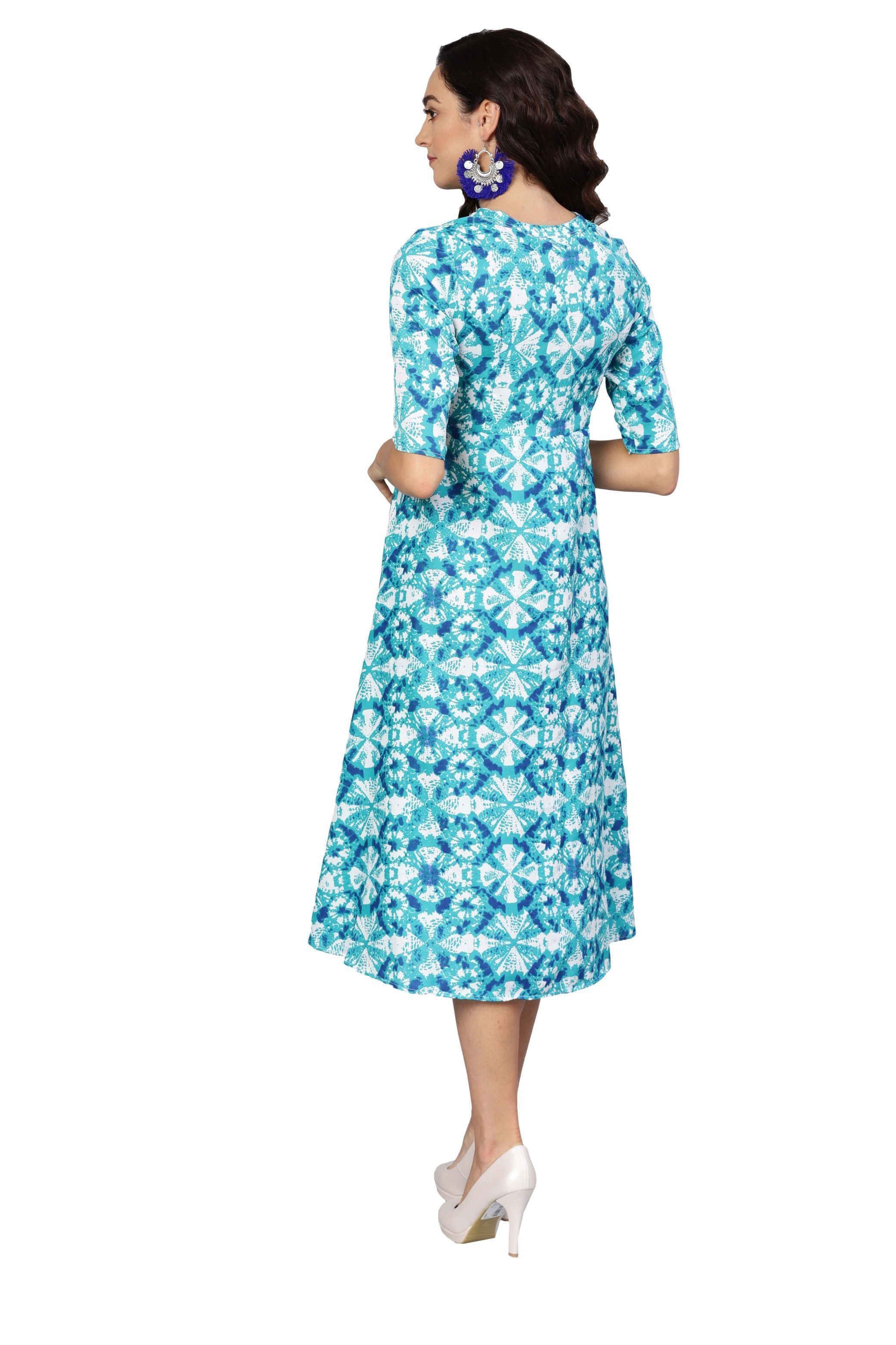 Women's Blue Crepe Printed Short Sleeve Collar Neck Dress - Myshka