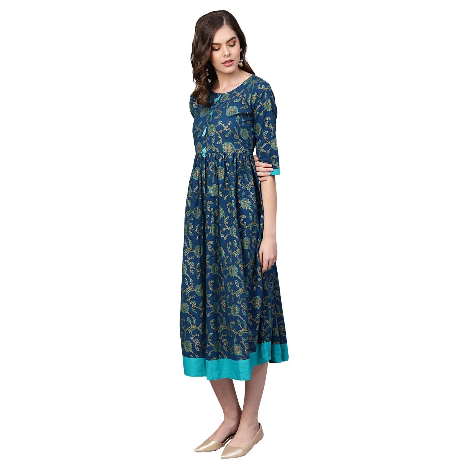 Women Blue Cotton Printed Dress by Myshka (1 Pc Set)