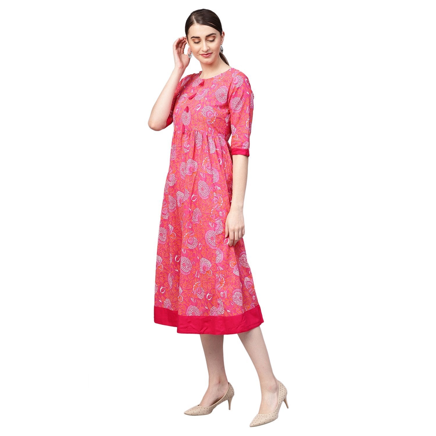 Women Pink Cotton Printed Dress by Myshka (1 Pc Set)