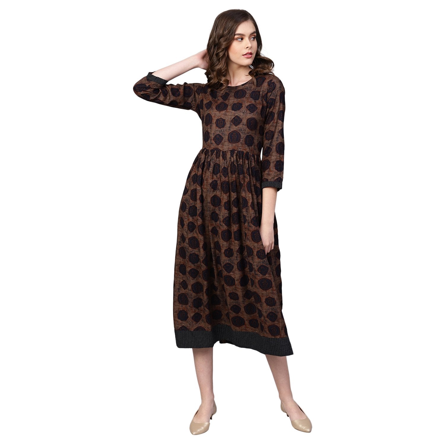 Women's Brown Cotton Printed Half Sleeve Round Neck Dress - Myshka