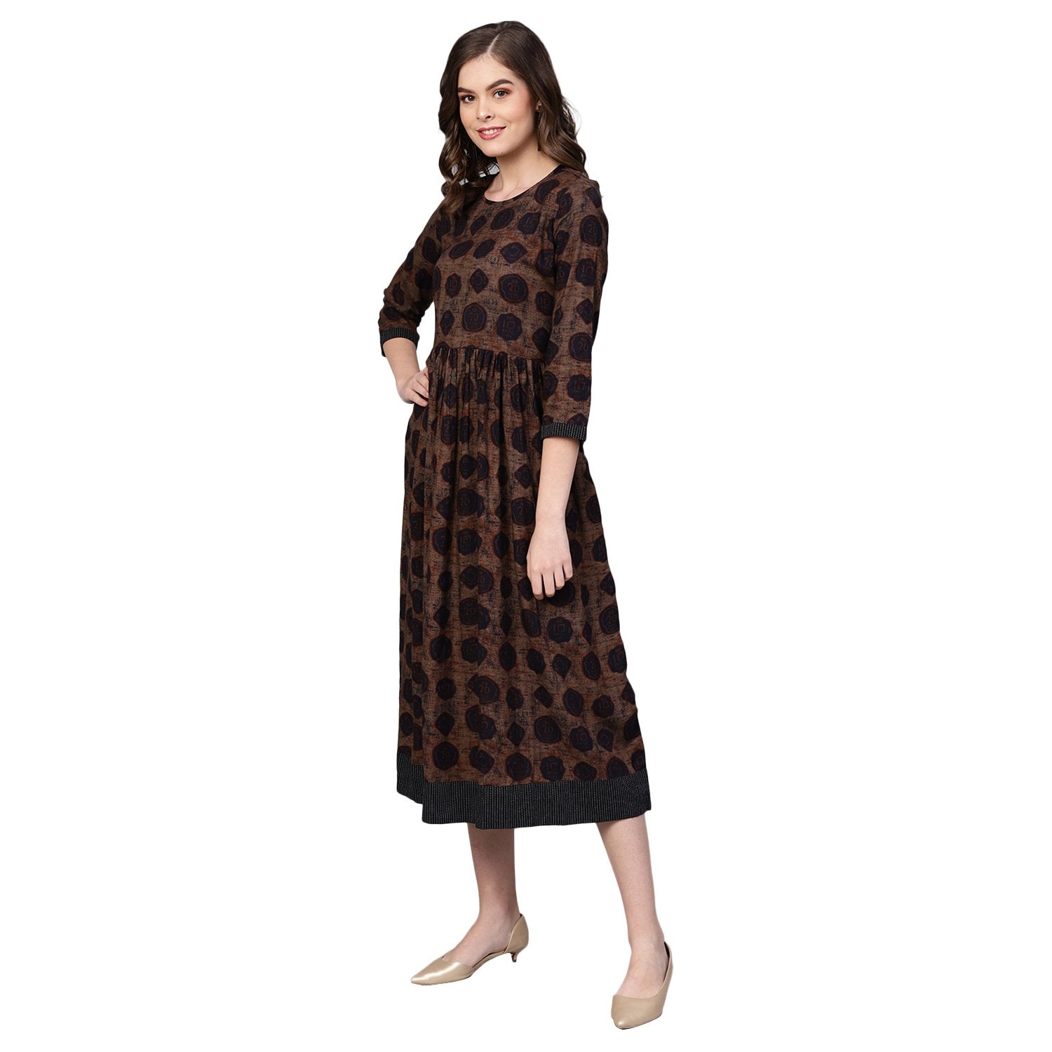 Women's Brown Cotton Printed Half Sleeve Round Neck Dress - Myshka