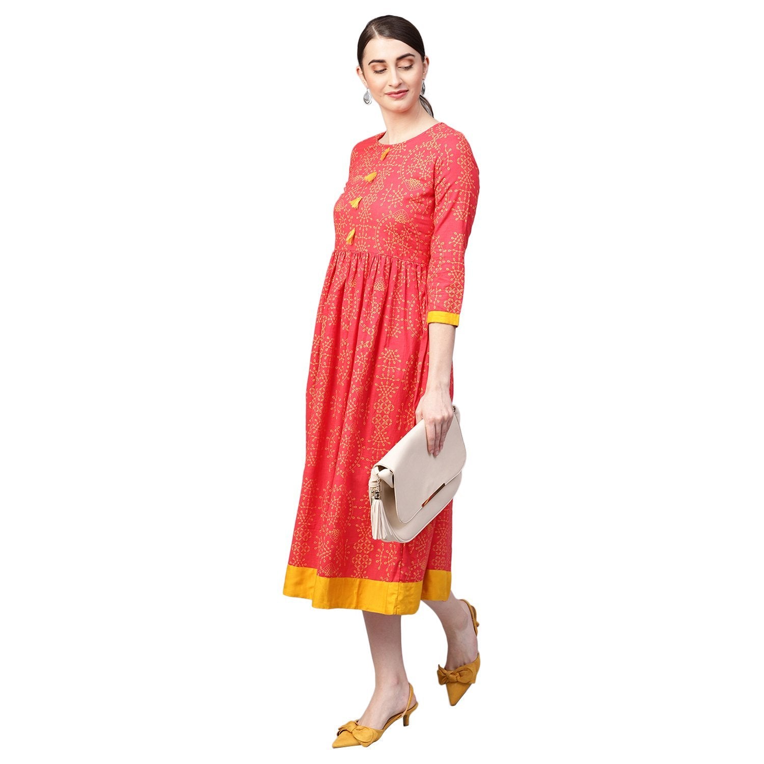 Women's Orange Cotton Printed Half Sleeve Round Neck Dress - Myshka