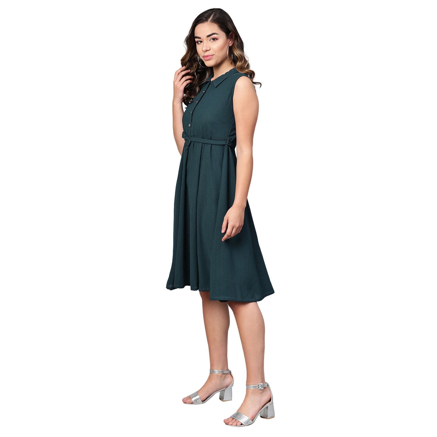 Women's Green Polyester Solid Sleeveless Casual Dress - Myshka