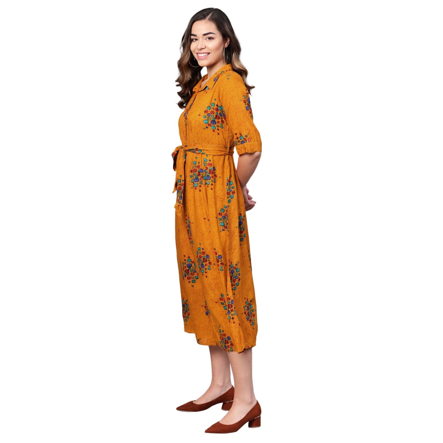 Women's Yellow Cotton Printed Half Sleeve Casual Dress - Myshka