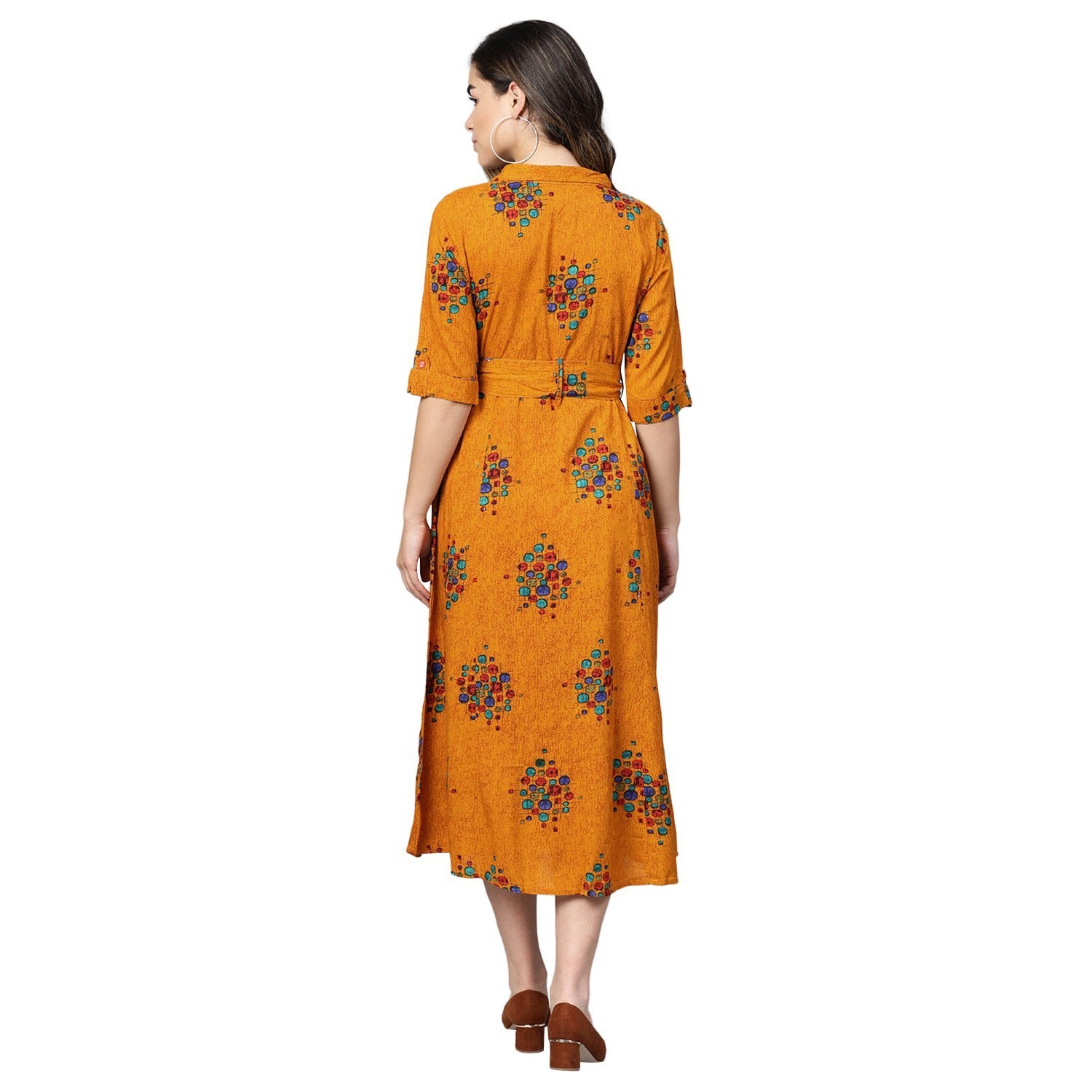 Women's Yellow Cotton Printed Half Sleeve Casual Dress - Myshka