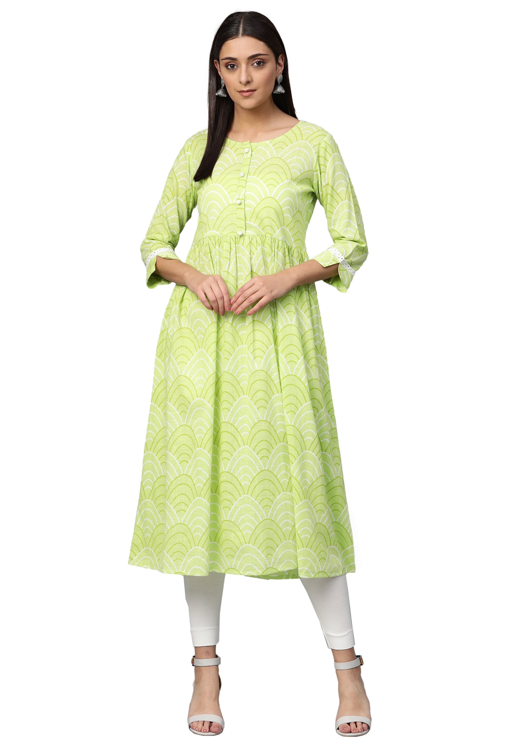 Women Green Cotton Printed Dress by Myshka (1 Pc Set )