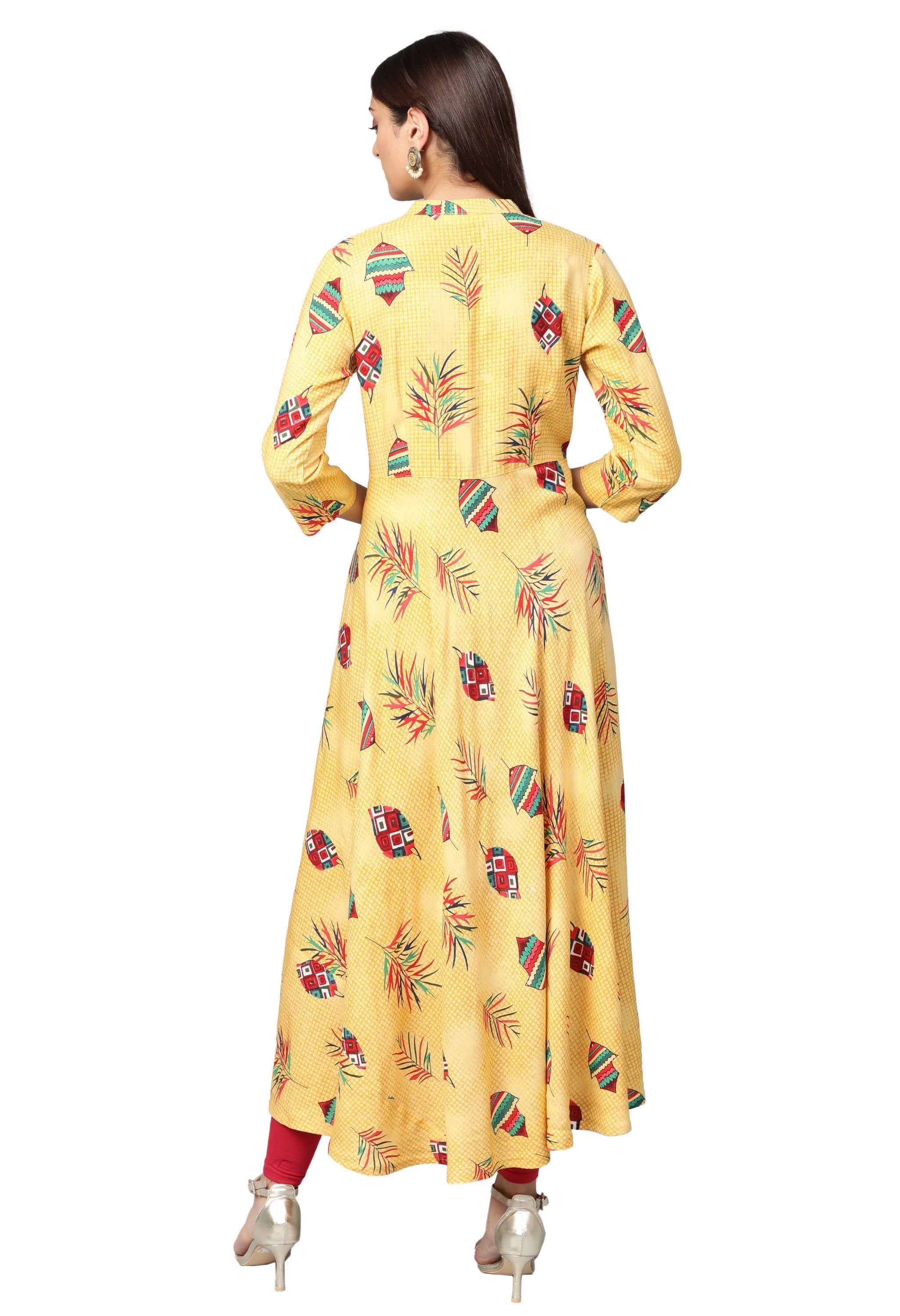 Women's Yellow Cotton Printed 3/4 Sleeve Mandarin Neck Casual Dress - Myshka