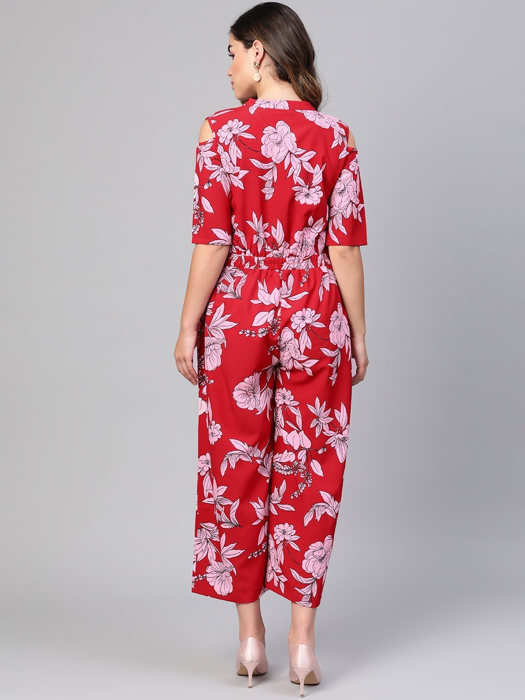 Women's Red Polyester Printed Half Sleeve Casual Jumpsuit - Myshka