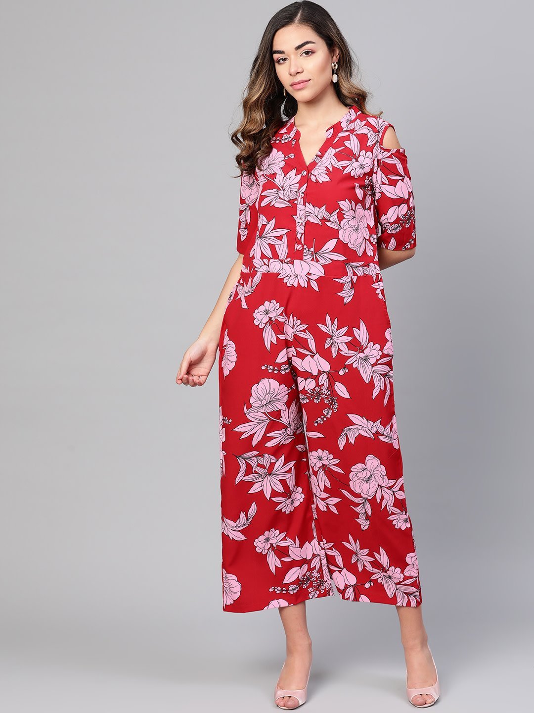 Women's Red Polyester Printed Half Sleeve Casual Jumpsuit - Myshka