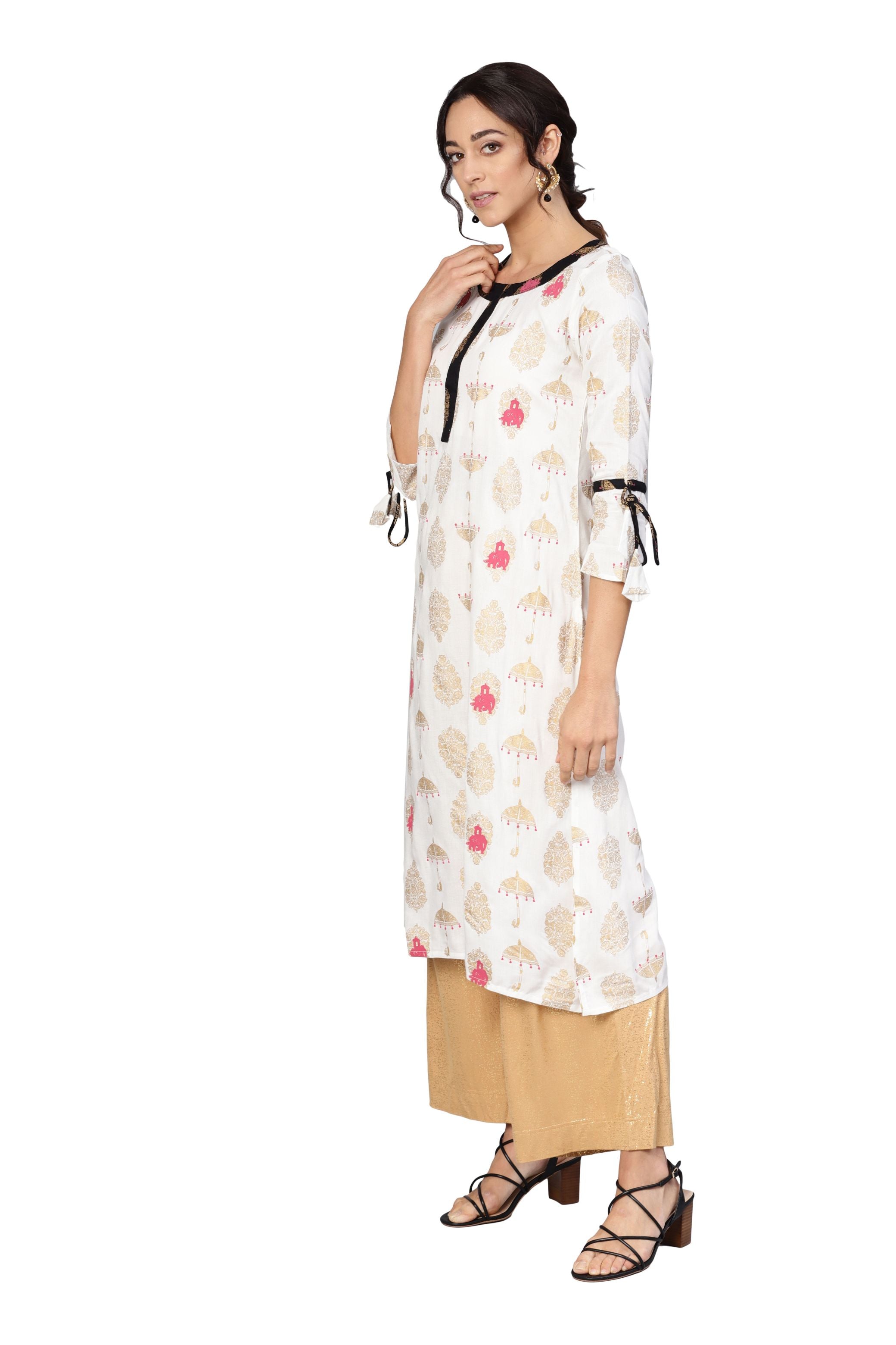 Women's White Rayon Printed 3/4 Sleeve Round Neck Dress - Myshka