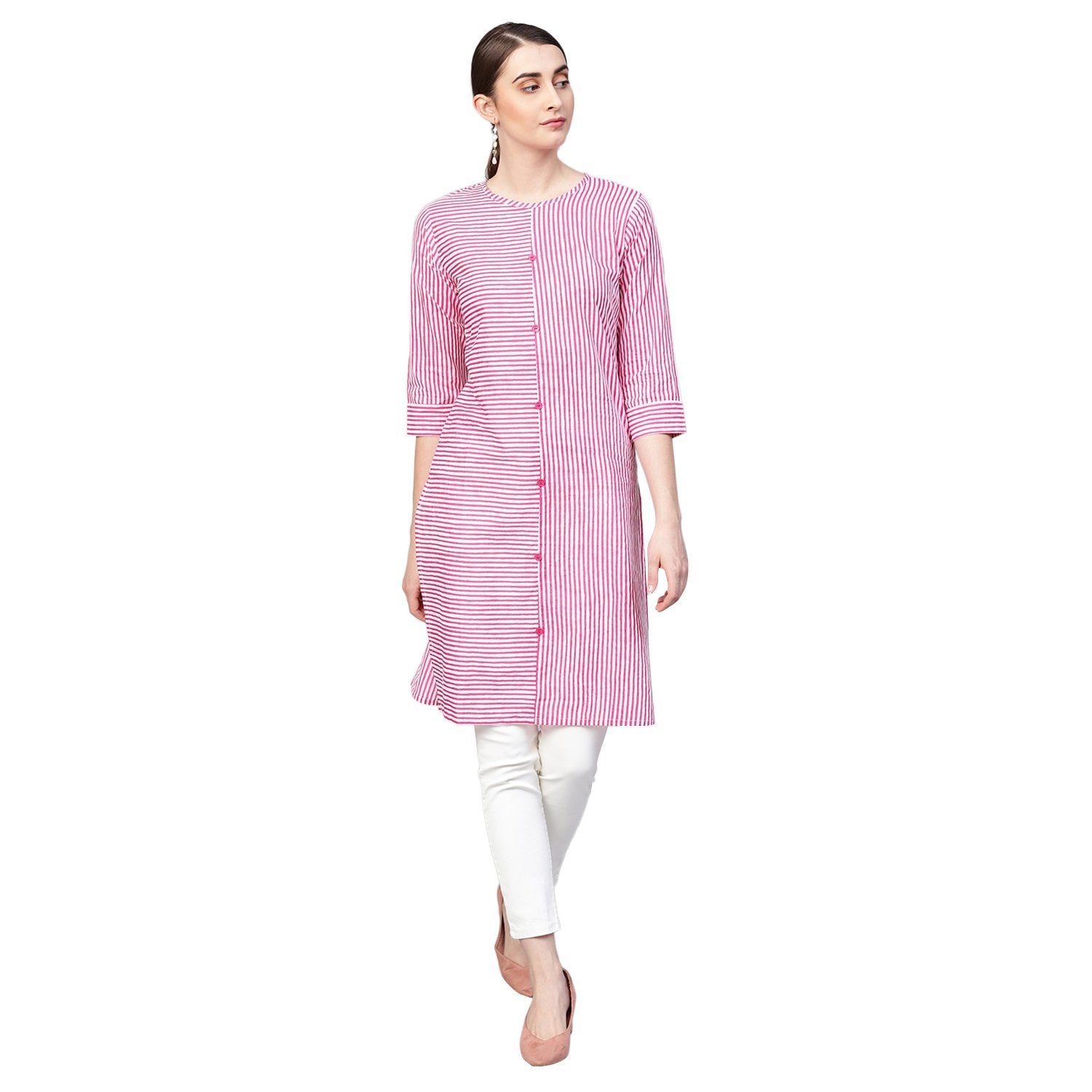 Women's Pink Cotton Printed Half Sleeve Round Neck Casual Kurta Only - Myshka