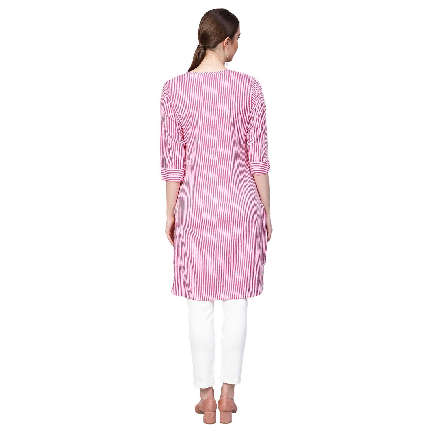 Women's Pink Cotton Solid 3/4 Sleeve Collar Neck Kurti - Myshka