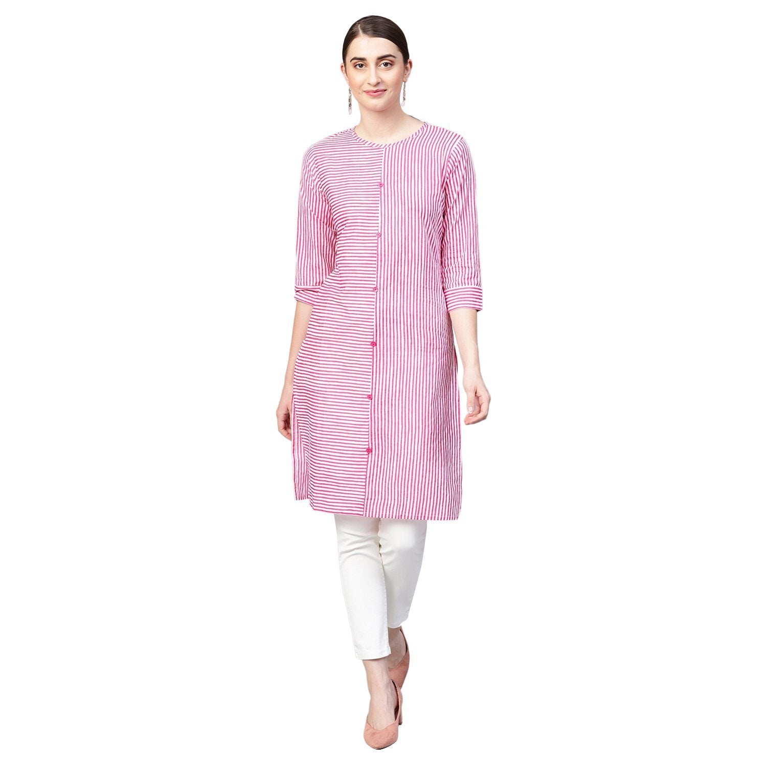 Women's Pink Cotton Solid 3/4 Sleeve Collar Neck Kurti - Myshka