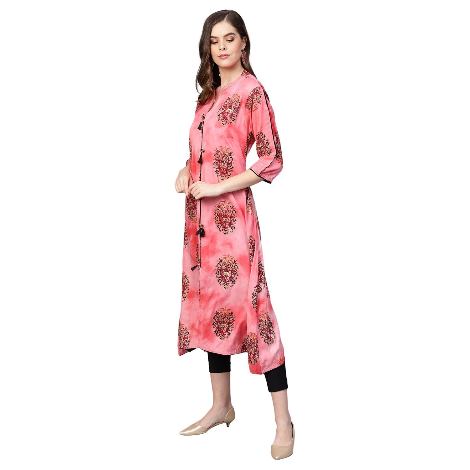 Women's Pink Rayon Printed 3/4 Sleeve Round Neck Kurti - Myshka