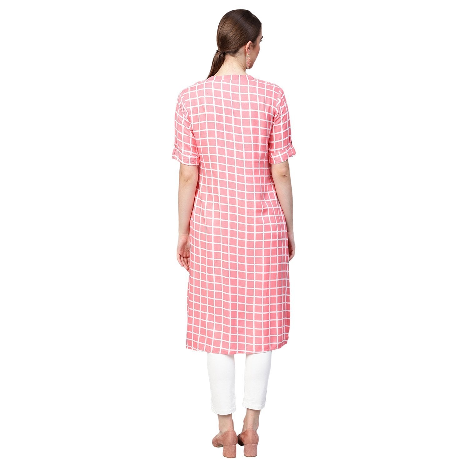 Women's Pink Printed Rayon Half Sleeve Round Neck Kurti - Myshka
