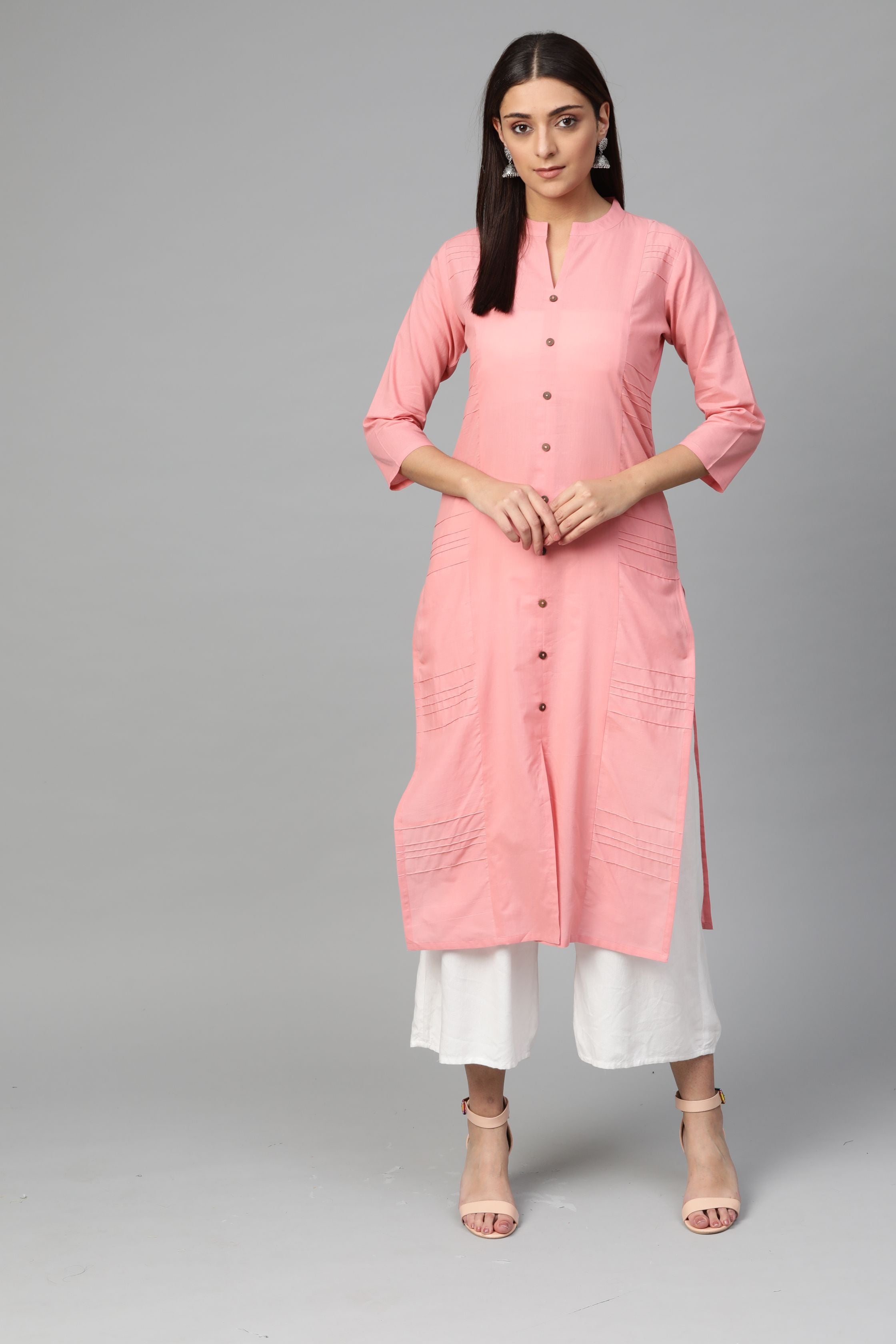 Women's Pink Cotton Solid 3/4 Sleeve Mandarin Neck Casual Kurta Only - Myshka