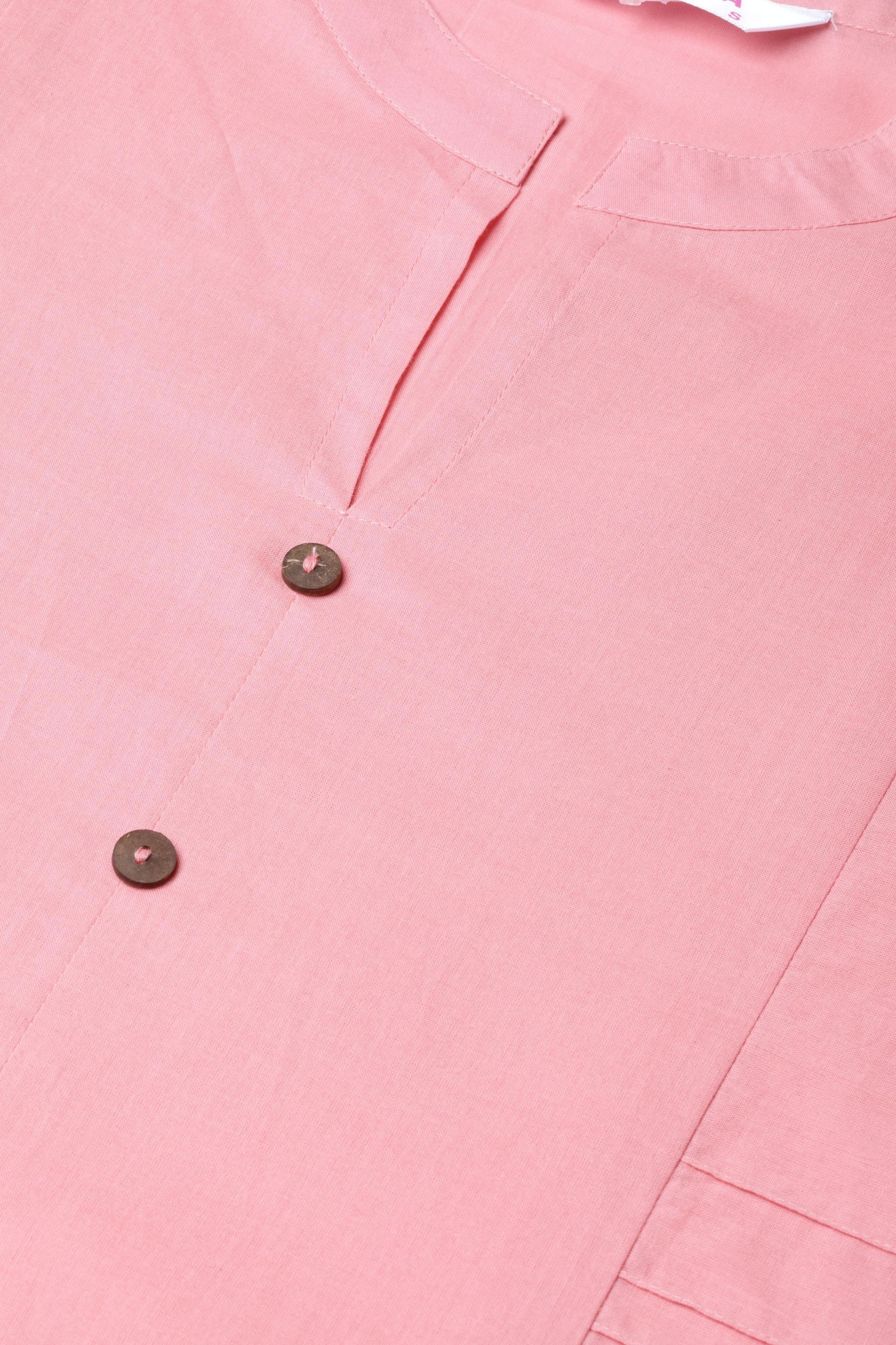Women's Pink Cotton Solid 3/4 Sleeve Mandarin Neck Casual Kurta Only - Myshka