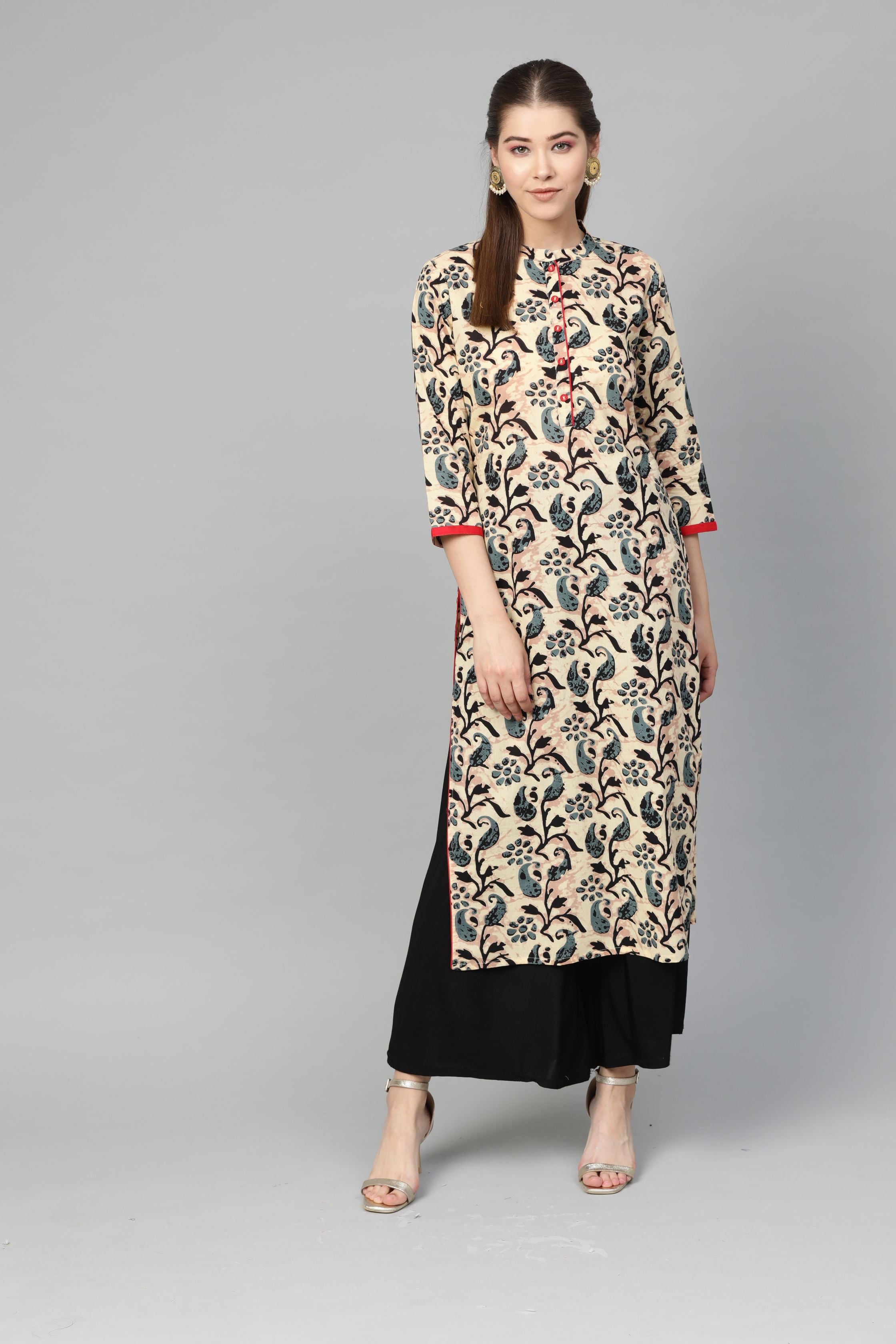 Women's Multi Cotton Printed 3/4 Sleeve Mandarin Neck Casual Kurta Only - Myshka