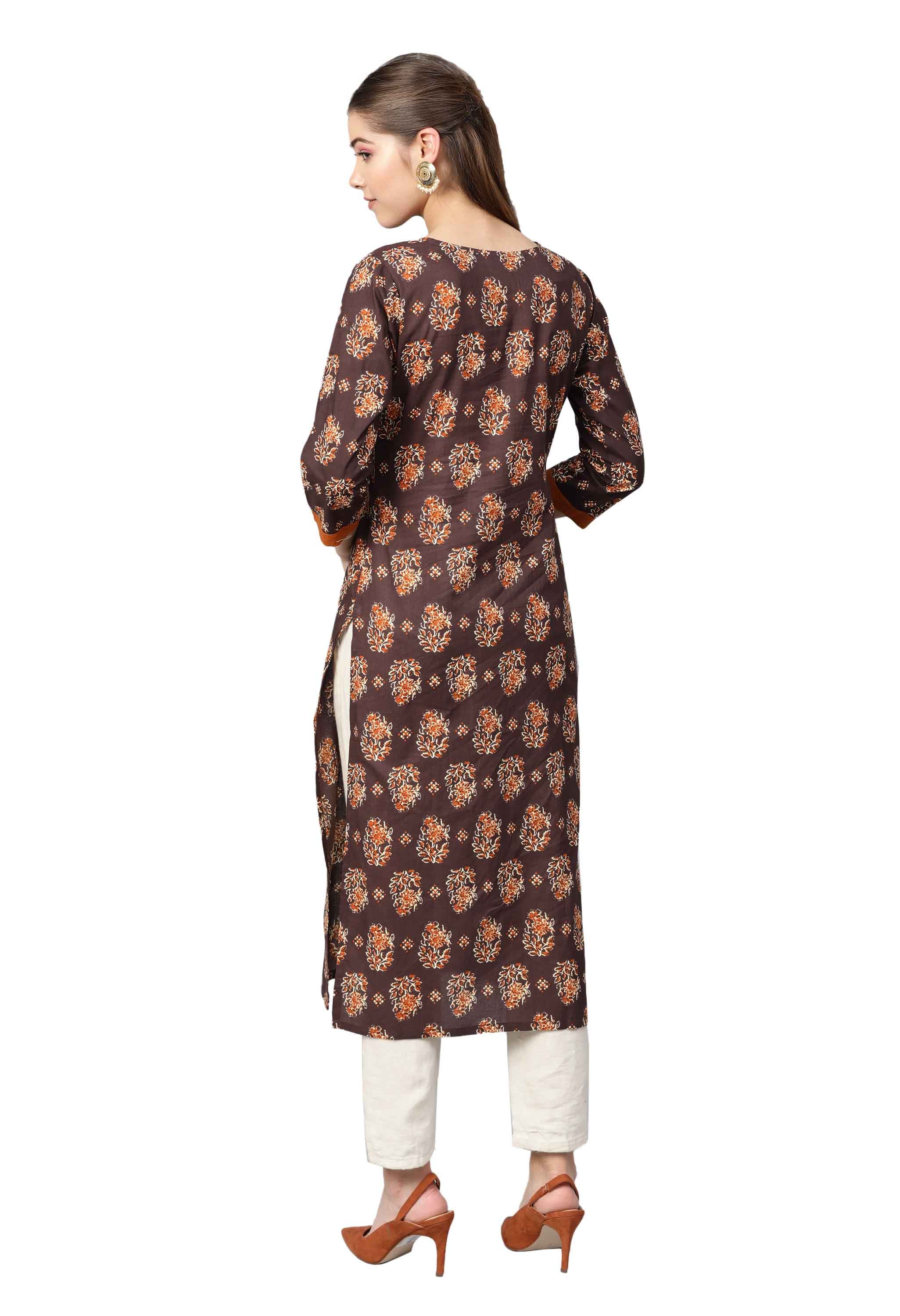 Women's Bwown Cotton Printed 3/4 Sleeve Round Neck Casual Kurta Only - Myshka