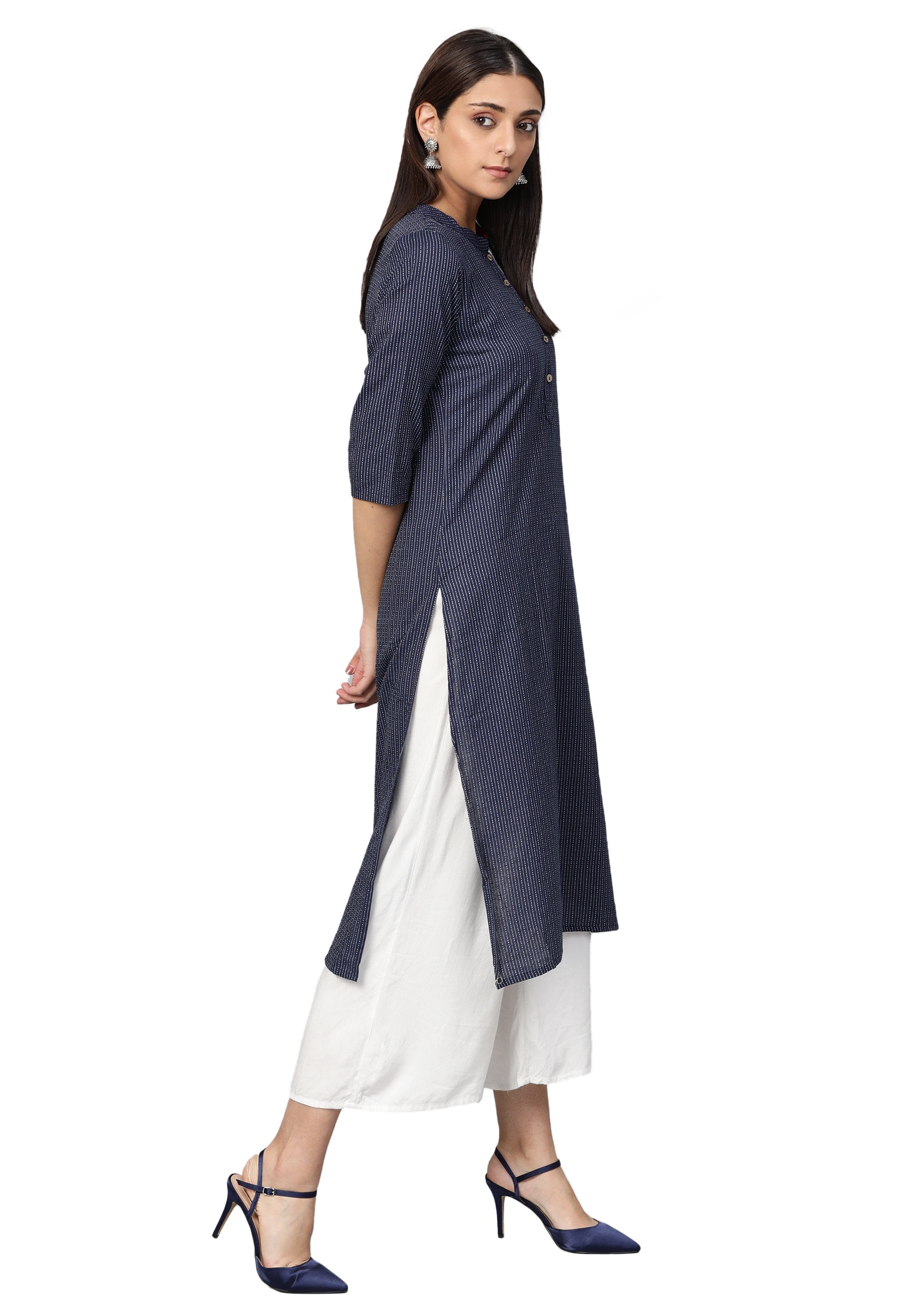 Women's Navy Blue Cotton Striped 3/4 Sleeve Mandarin Neck Casual Kurta Only - Myshka
