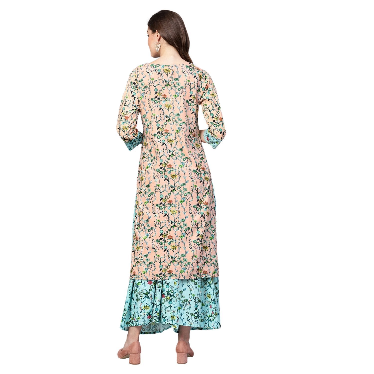 Women's Green Cotton Printed 3/4 Sleeve V Neck Kurta Payjama Set - Myshka