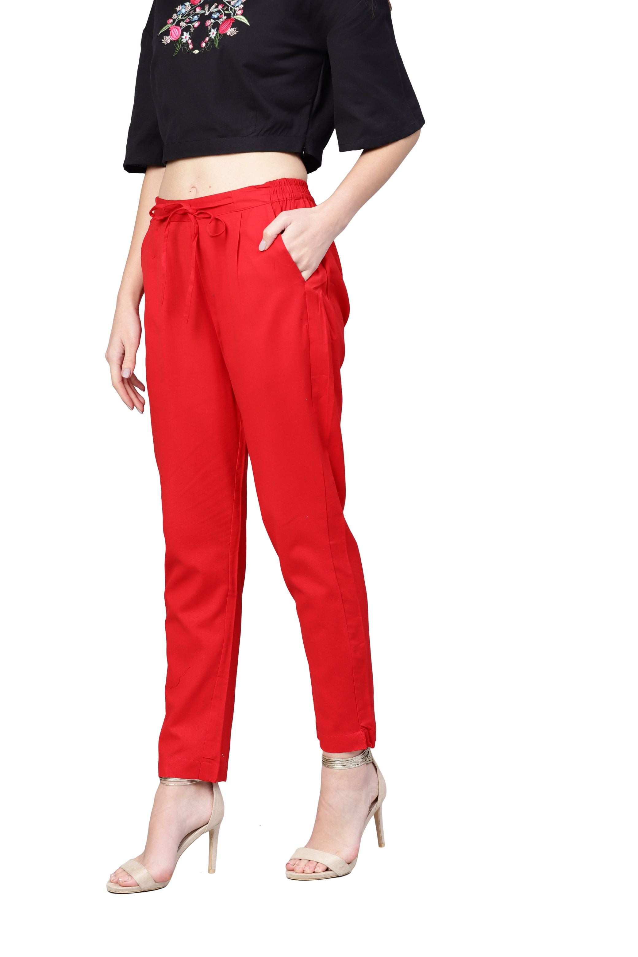 Women Red Cotton Solid Trouser by Myshka (1 Pc Set)