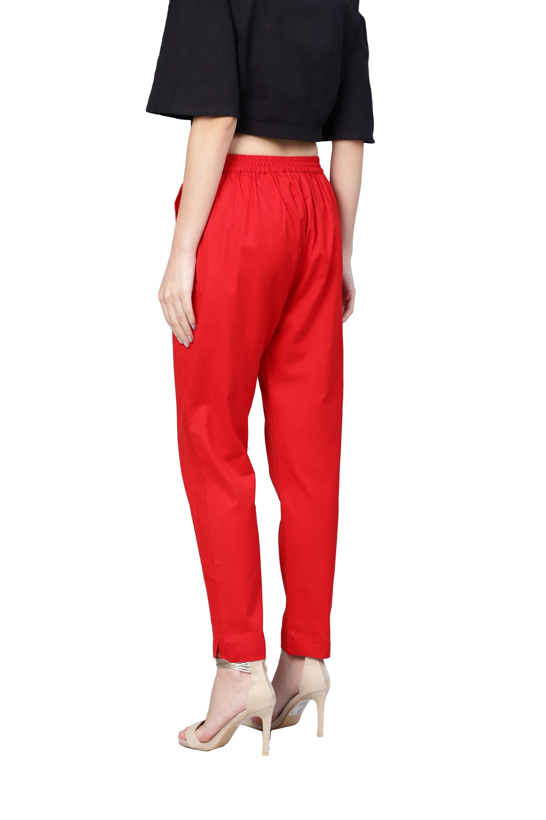 Women Red Cotton Solid Trouser by Myshka (1 Pc Set)