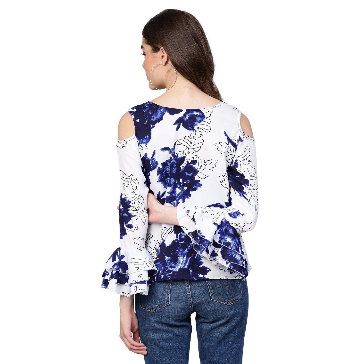 Women's White Printed Bell Sleeve Round Neck Crepe Casual Top - Myshka