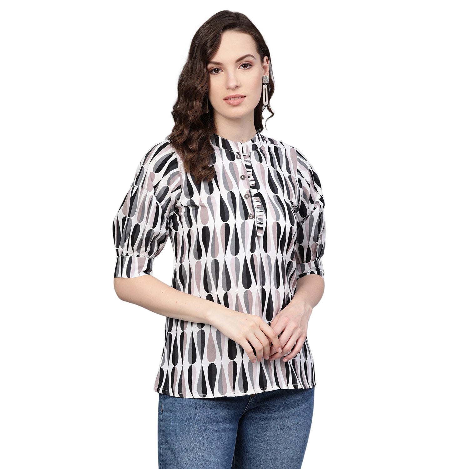 Women's Multi Printed Half Sleeve Round Neck Polyester Casual Top - Myshka