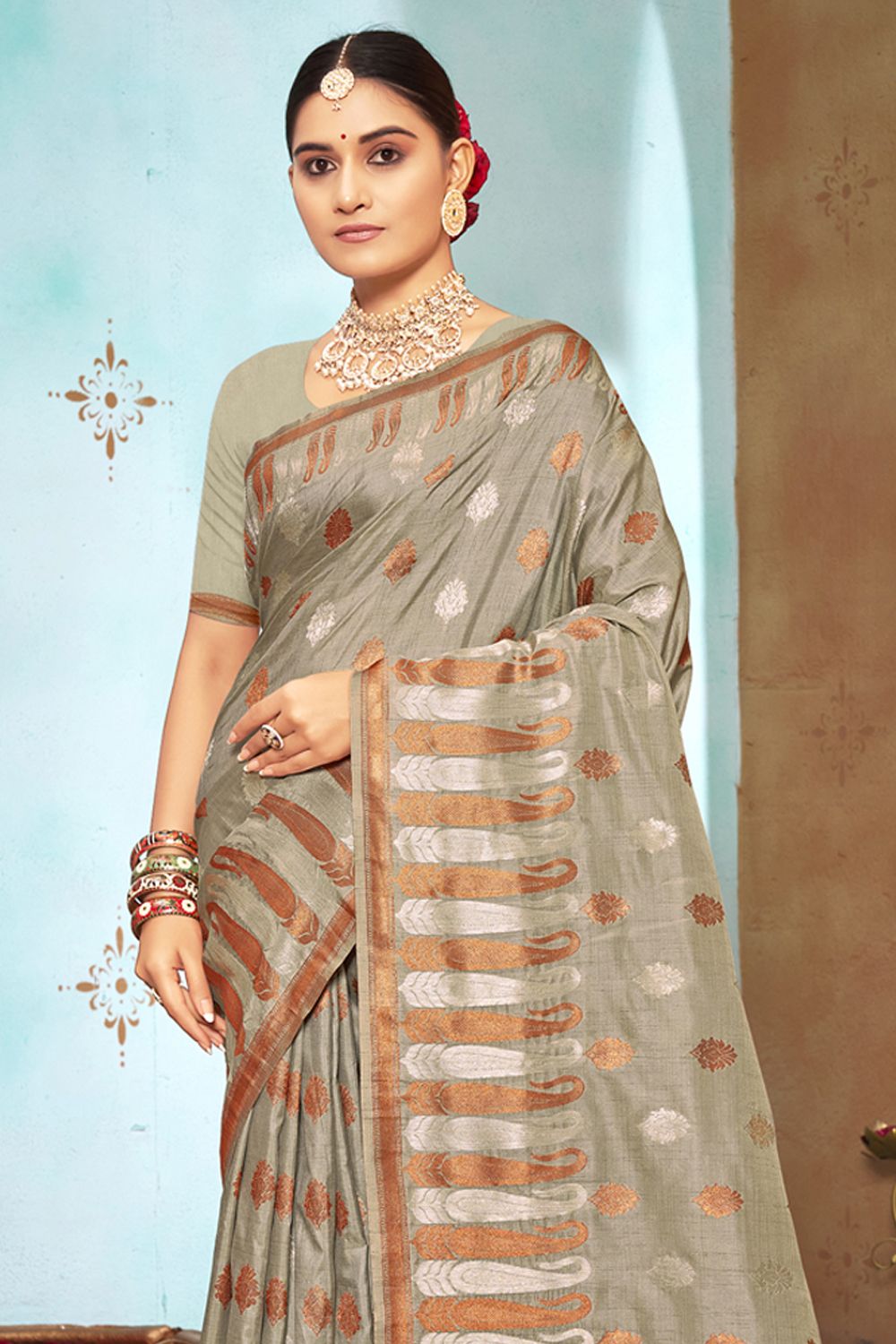 Women's Grey Silk Woven Zari Work Traditional Tassle Saree - Sangam Prints