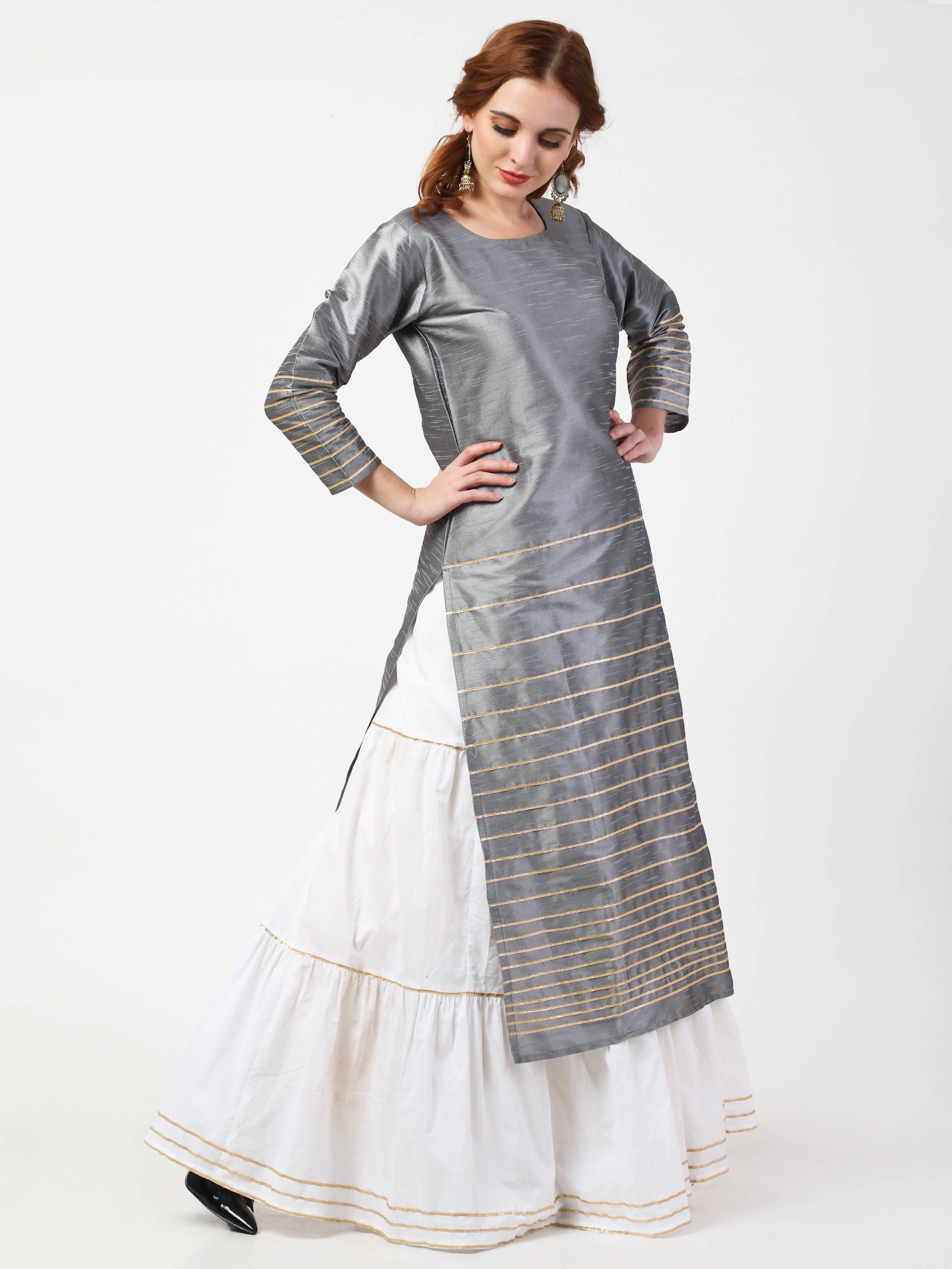 Women's Grey & White Kurta With Skirt & Embroidered Dupatta Set - Cheera