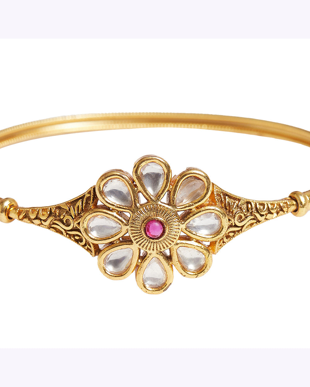 Women's Teardrop Cut Faux Kundan Brass Floral Gold Plated Bracelet - Voylla