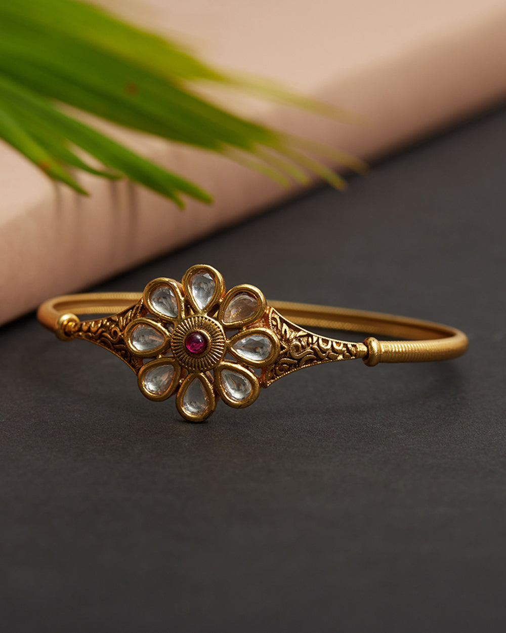 Women's Teardrop Cut Faux Kundan Brass Floral Gold Plated Bracelet - Voylla