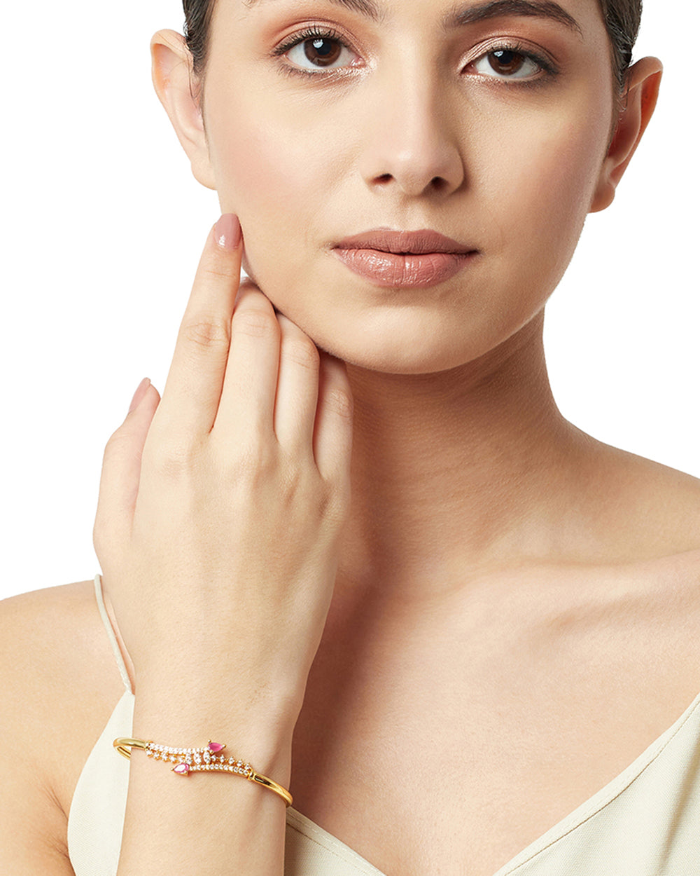 Women's Gold Finish Bracelet With Pink Zircons - Voylla