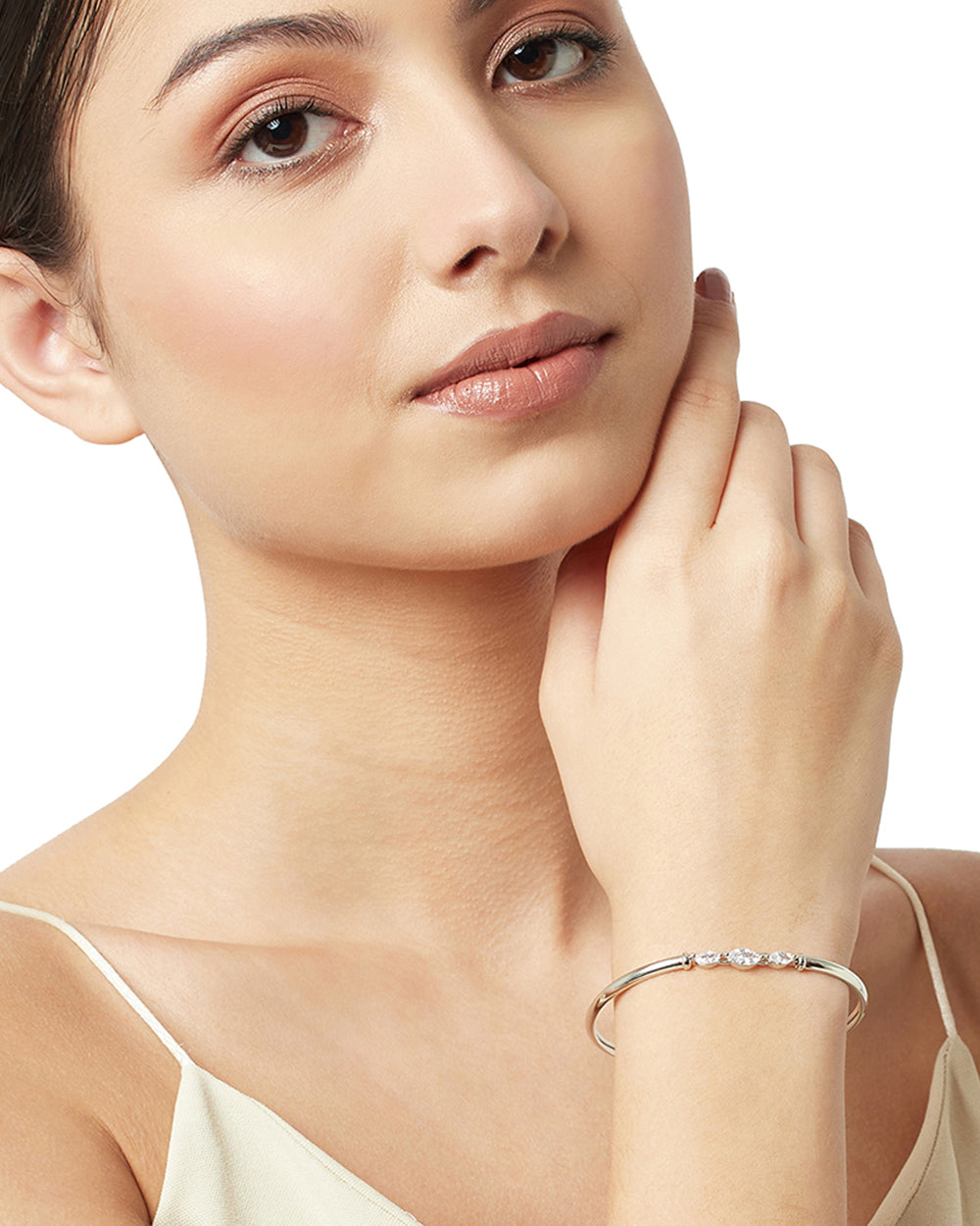 Women's Sparkling Elegance Rhodium Overlay Bracelet With Solid Design - Voylla