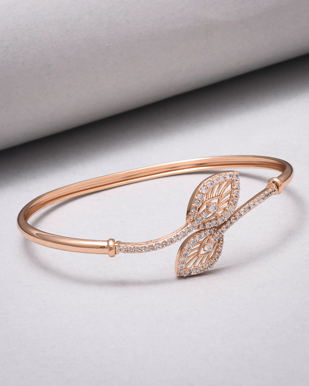 Women's Sparkling Elegance Leaves Motifs Cz Adorned Brass Rose Gold Plated Bracelet - Voylla