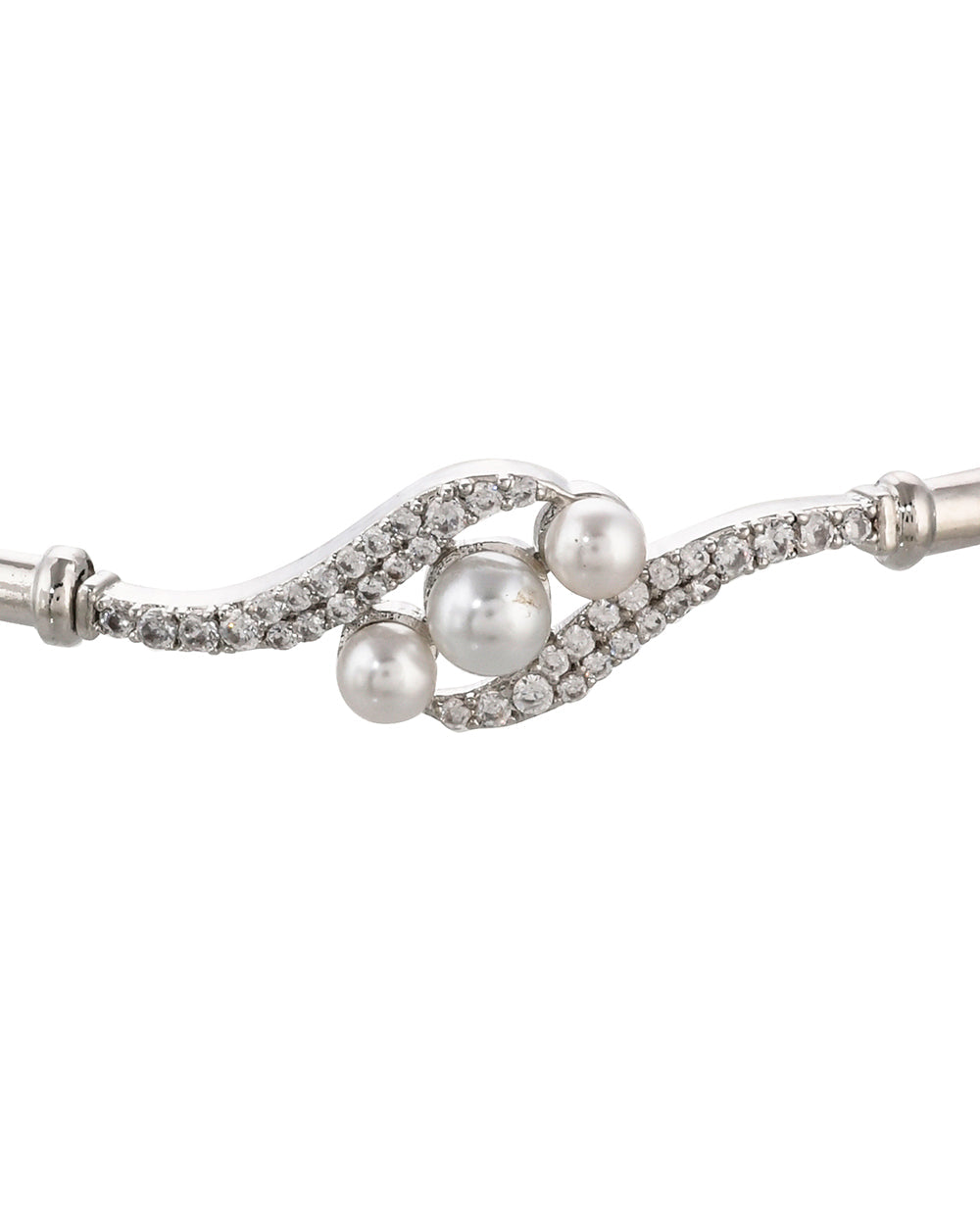 Women's Sparkling Elegance Contemporary Design Cz And Faux Pearls Rhodium Plated Brass Bracelet - Voylla