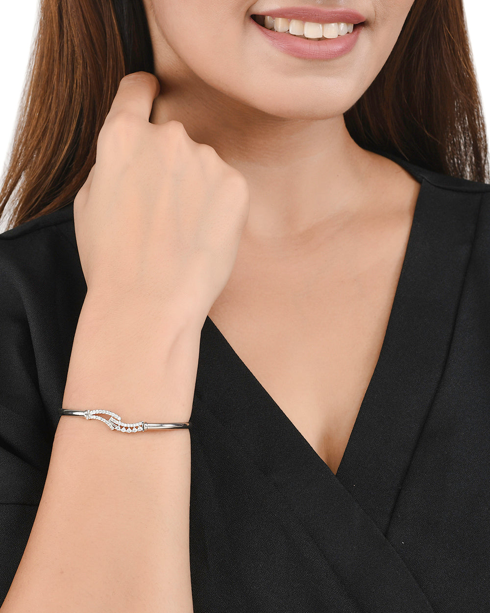 Women's Sparkling Elegance Square Cut Zircons Adorned Brass Rhodium Plated Bracelet - Voylla
