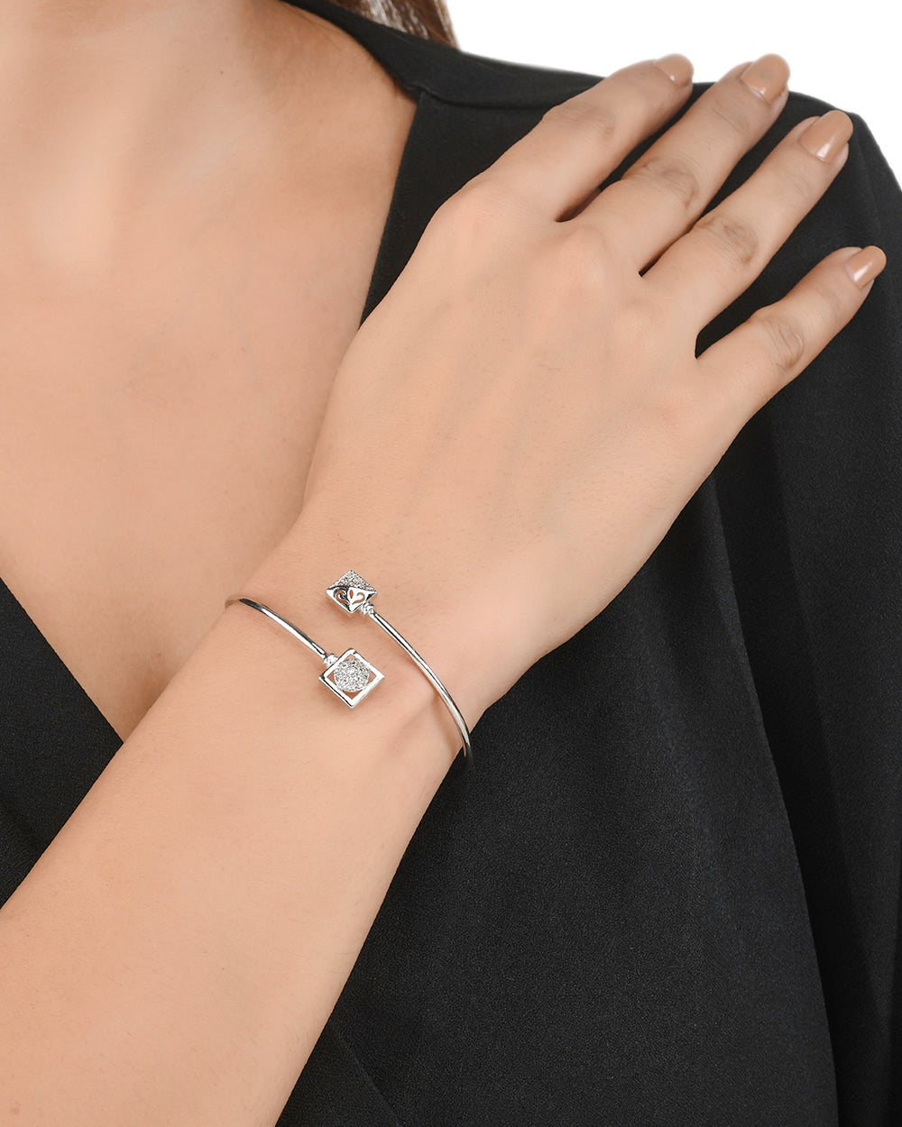 Women's Sparkling Elegance Edgy Zircons Adorned Brass Rhodium Plated Overlap Bracelet - Voylla