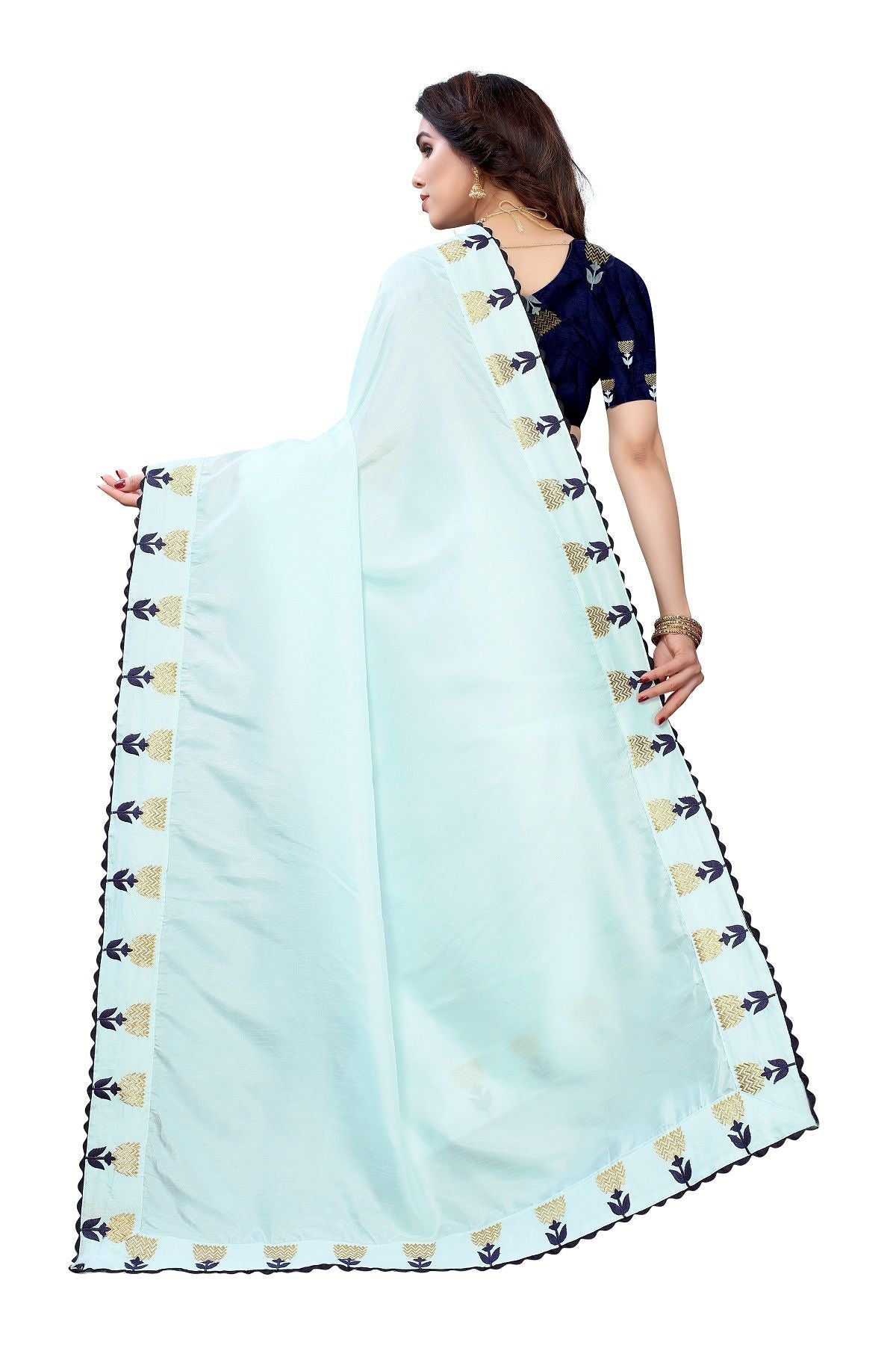 Women's Sky Blue Dola Silk Embroidery Saree With Blouse Piece - Vamika