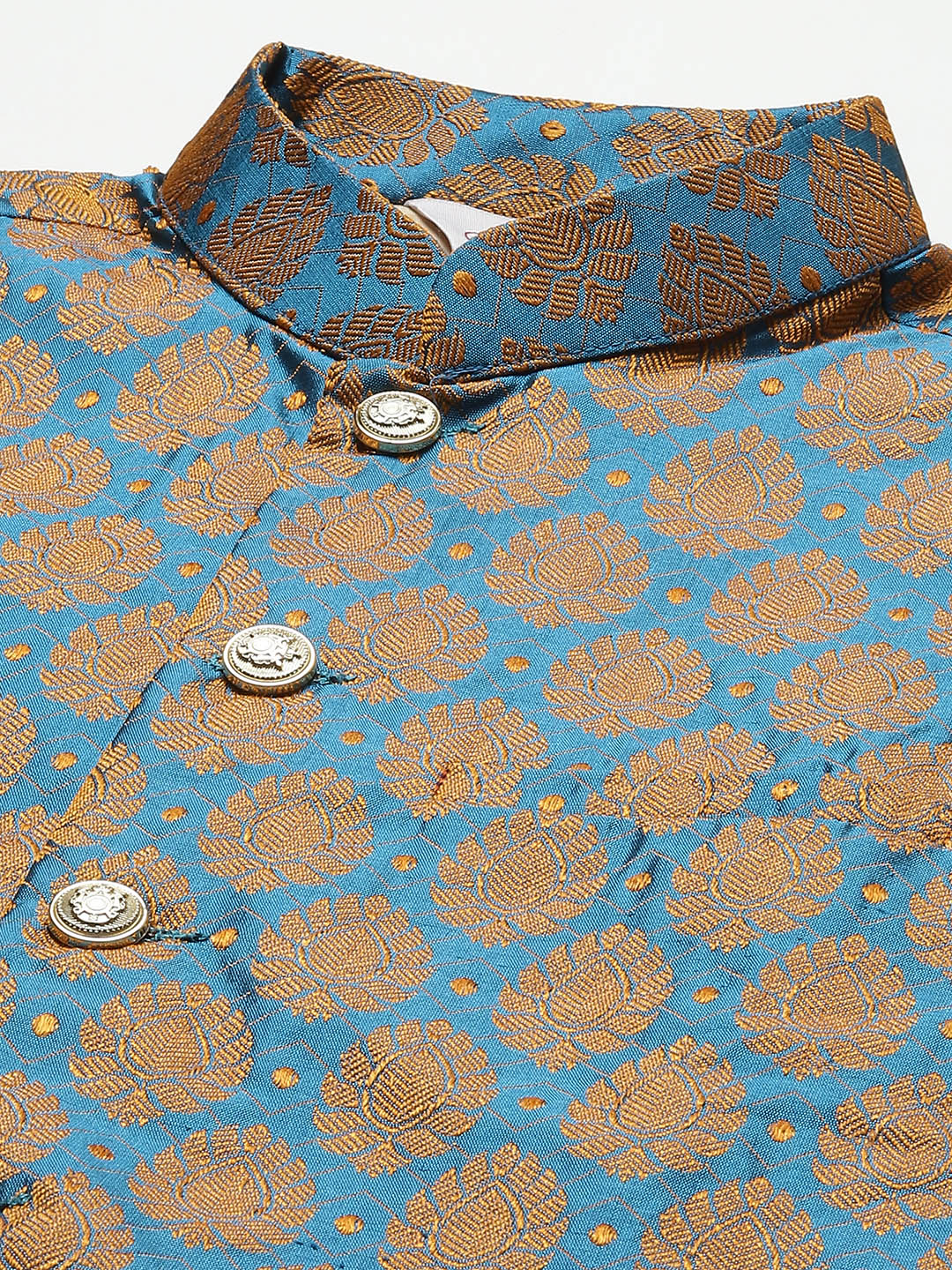 Men's Golden Dupion Silk Kurta with Churidar & Nehru Jacket ( JOKPWC G-D 4026Blue ) - Virat Fashions