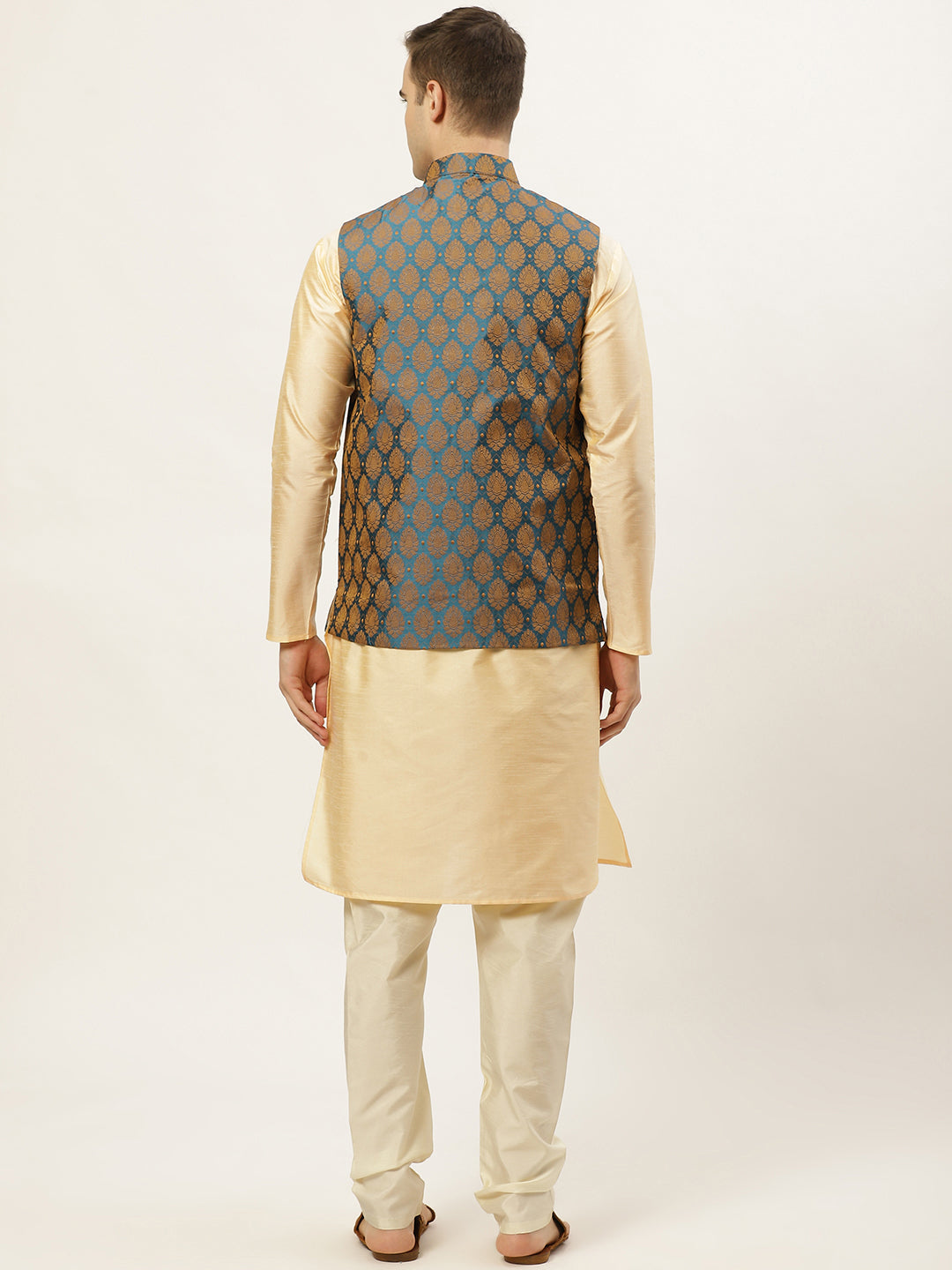 Men's Golden Dupion Silk Kurta with Churidar & Nehru Jacket ( JOKPWC G-D 4026Blue ) - Virat Fashions