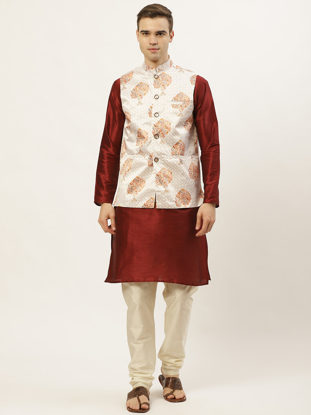 Men's Solid Dupion Kurta Pajama with Printed Nehru Jacket ( JOKPWC M-D 4014White ) - Virat Fashions