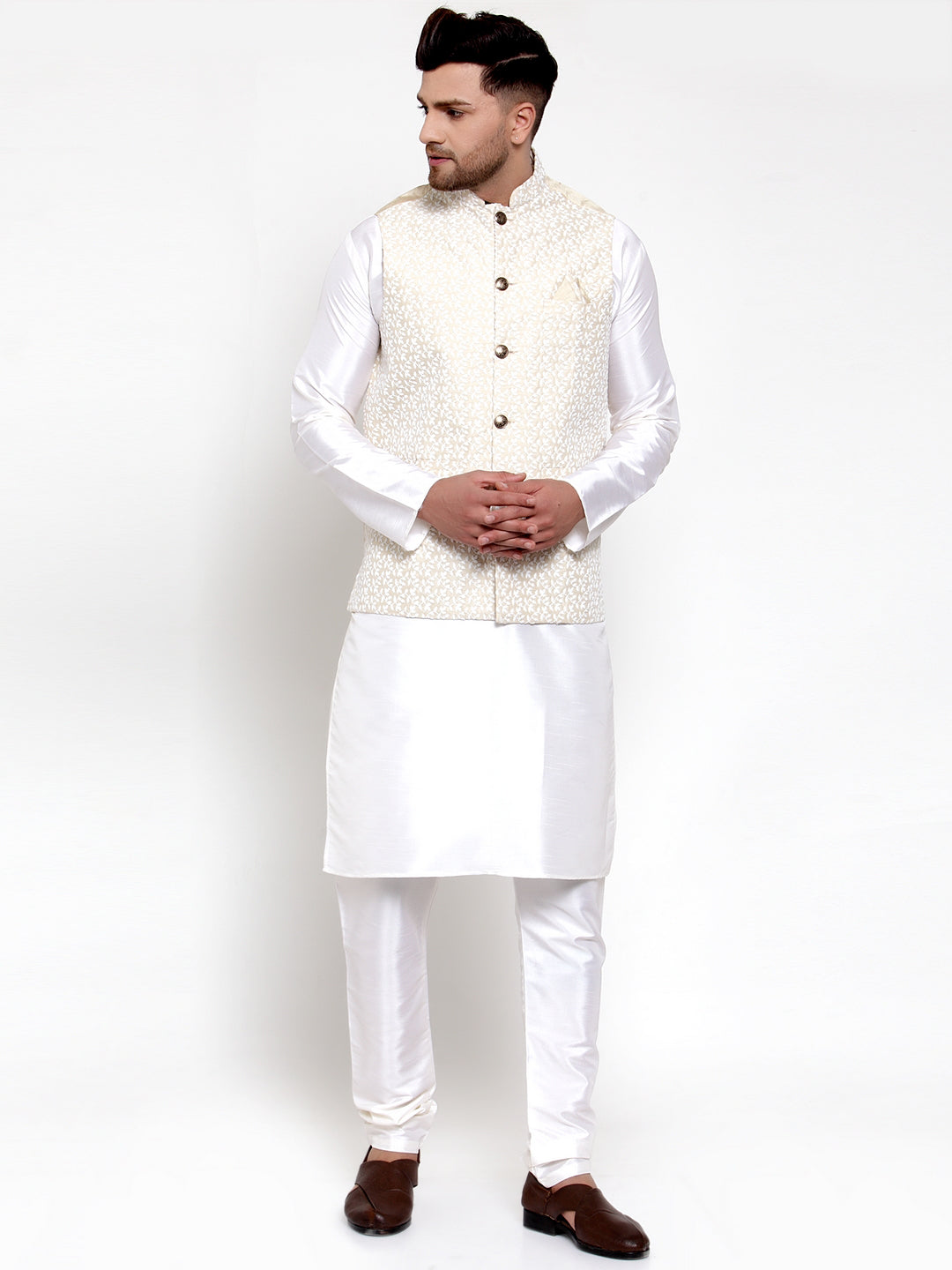 Men's Solid Dupion Kurta Pajama with Embroidered Nehru Jacket ( JOKPWC OW-D 4012Beige ) - Virat Fashions
