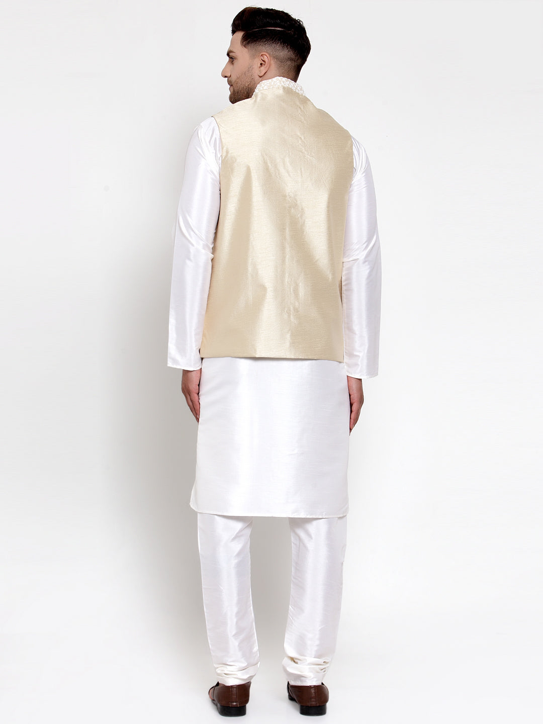 Men's Solid Dupion Kurta Pajama with Embroidered Nehru Jacket ( JOKPWC OW-D 4012Beige ) - Virat Fashions