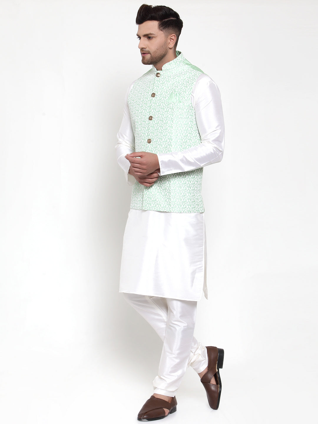 Men's Solid Dupion Kurta Pajama with Embroidered Nehru Jacket ( JOKPWC OW-D 4012Light-Green ) - Virat Fashions