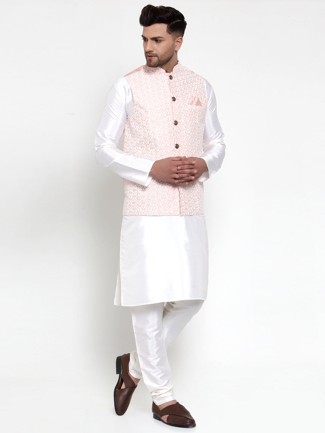 Men's Solid Dupion Kurta Pajama with Embroidered Nehru Jacket ( JOKPWC OW-D 4012Pink ) - Virat Fashions