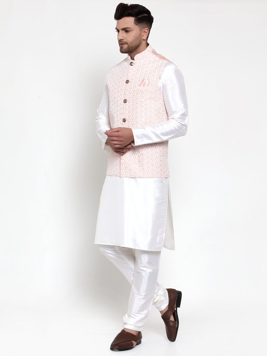 Men's Solid Dupion Kurta Pajama with Embroidered Nehru Jacket ( JOKPWC OW-D 4012Pink ) - Virat Fashions