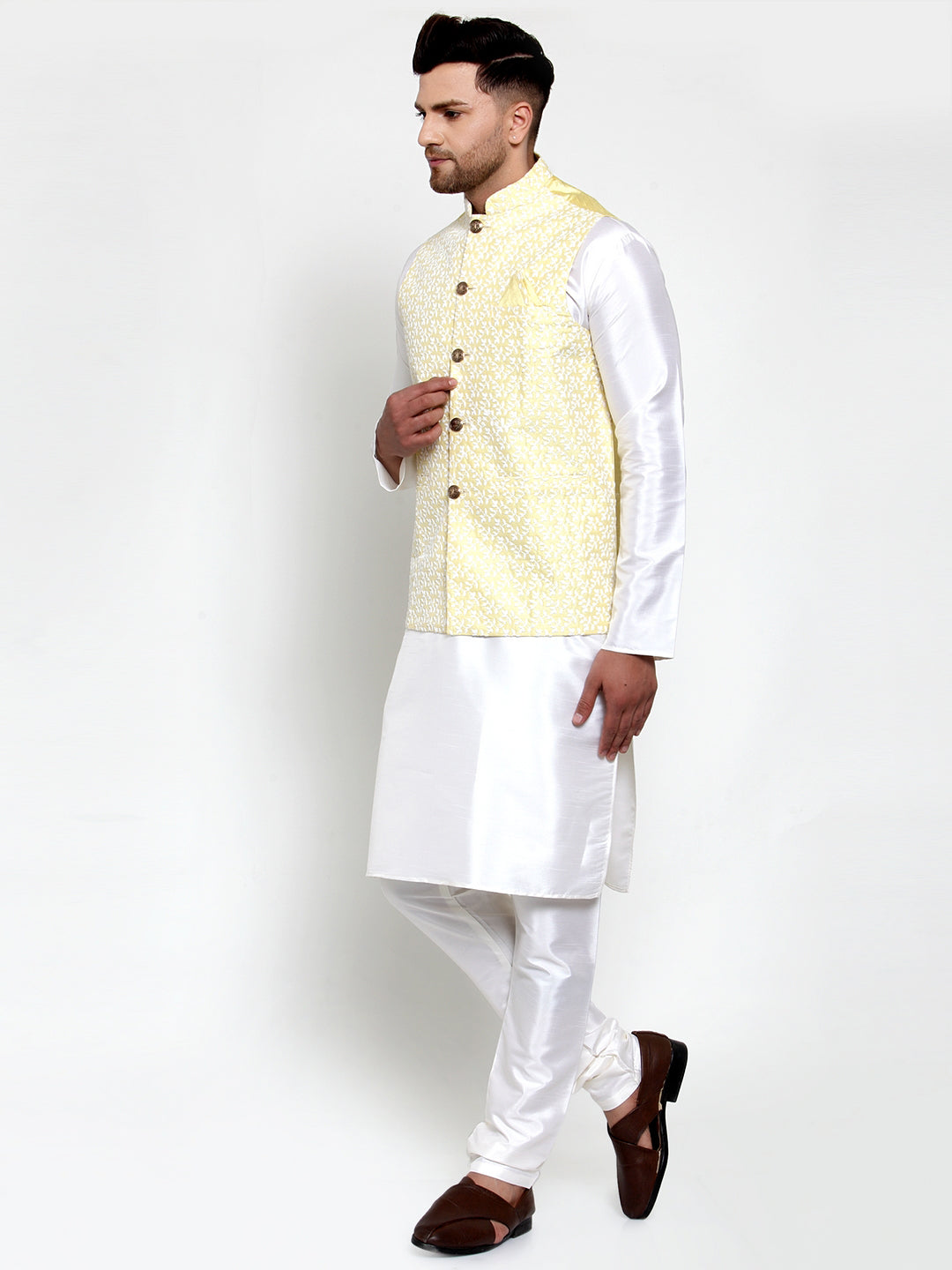 Men's Solid Dupion Kurta Pajama with Embroidered Nehru Jacket ( JOKPWC OW-D 4012Yellow ) - Virat Fashions
